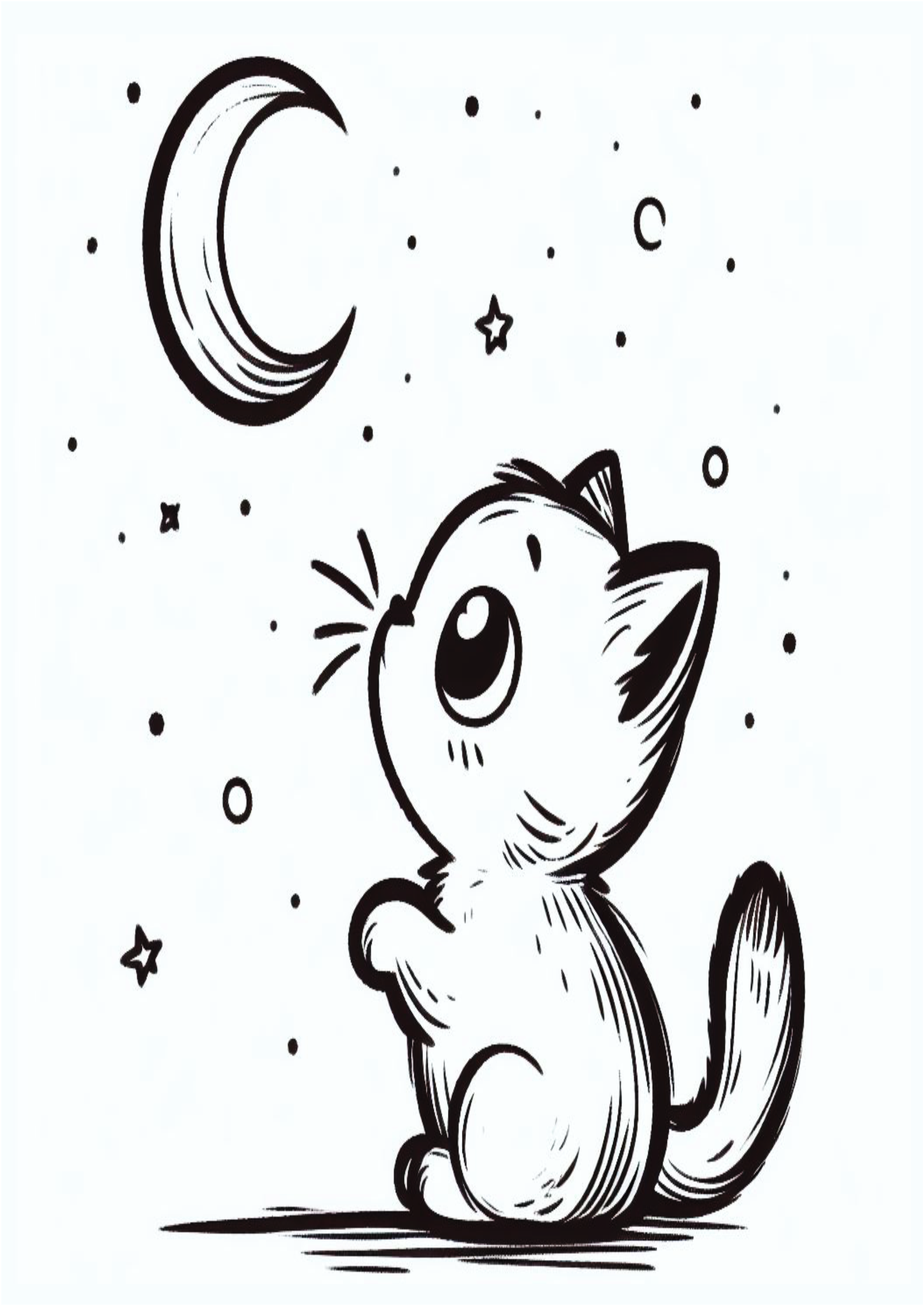 Desenho simples para iniciantes um gatinho olhando pra lua e pra estrelinhas rabisco infantil para colorir grátis para imprimir arte fofinha png
