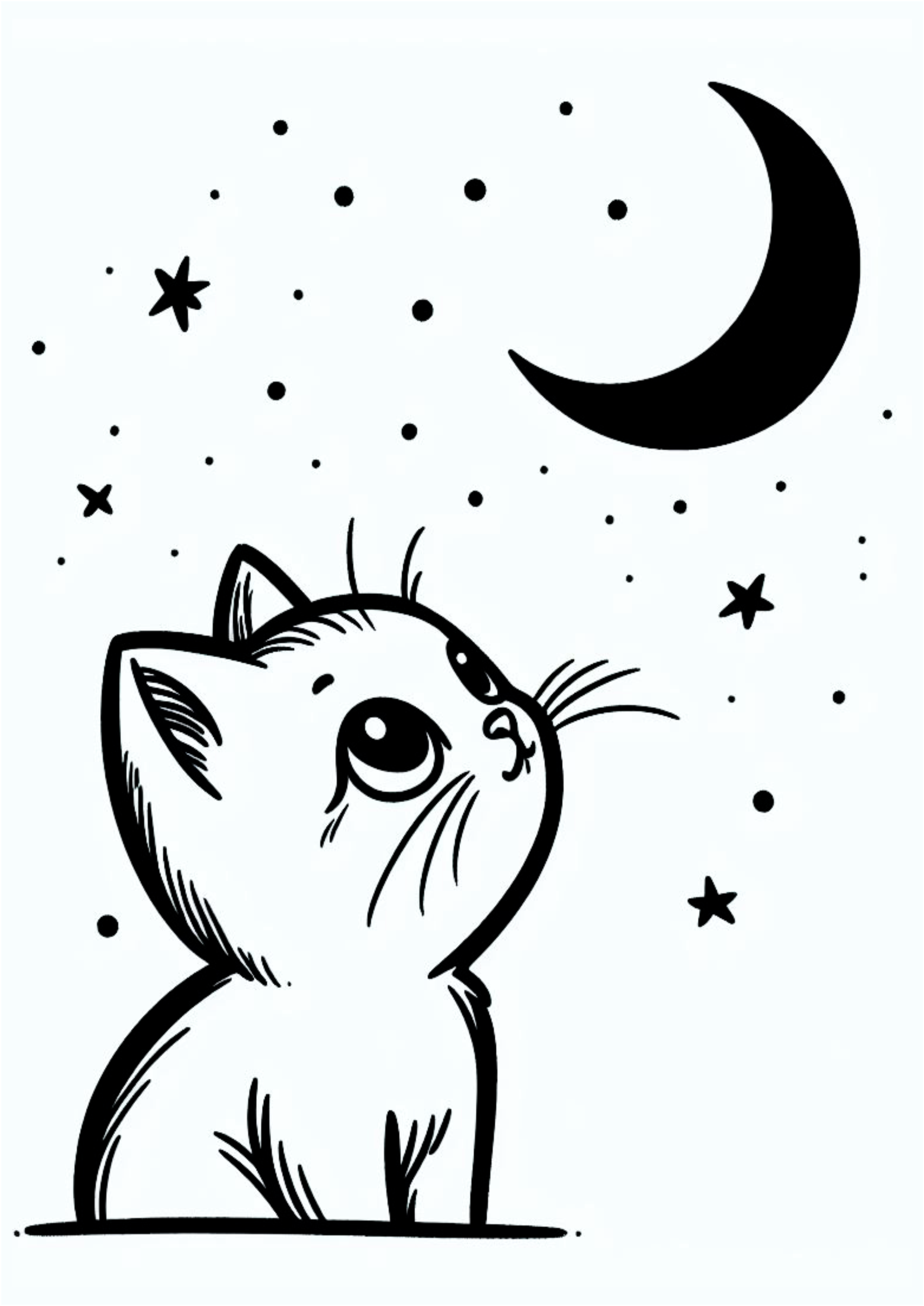 Simple drawing for beginners a kitten looking at the moon and stars Children’s doodle to color free to print Cute art png