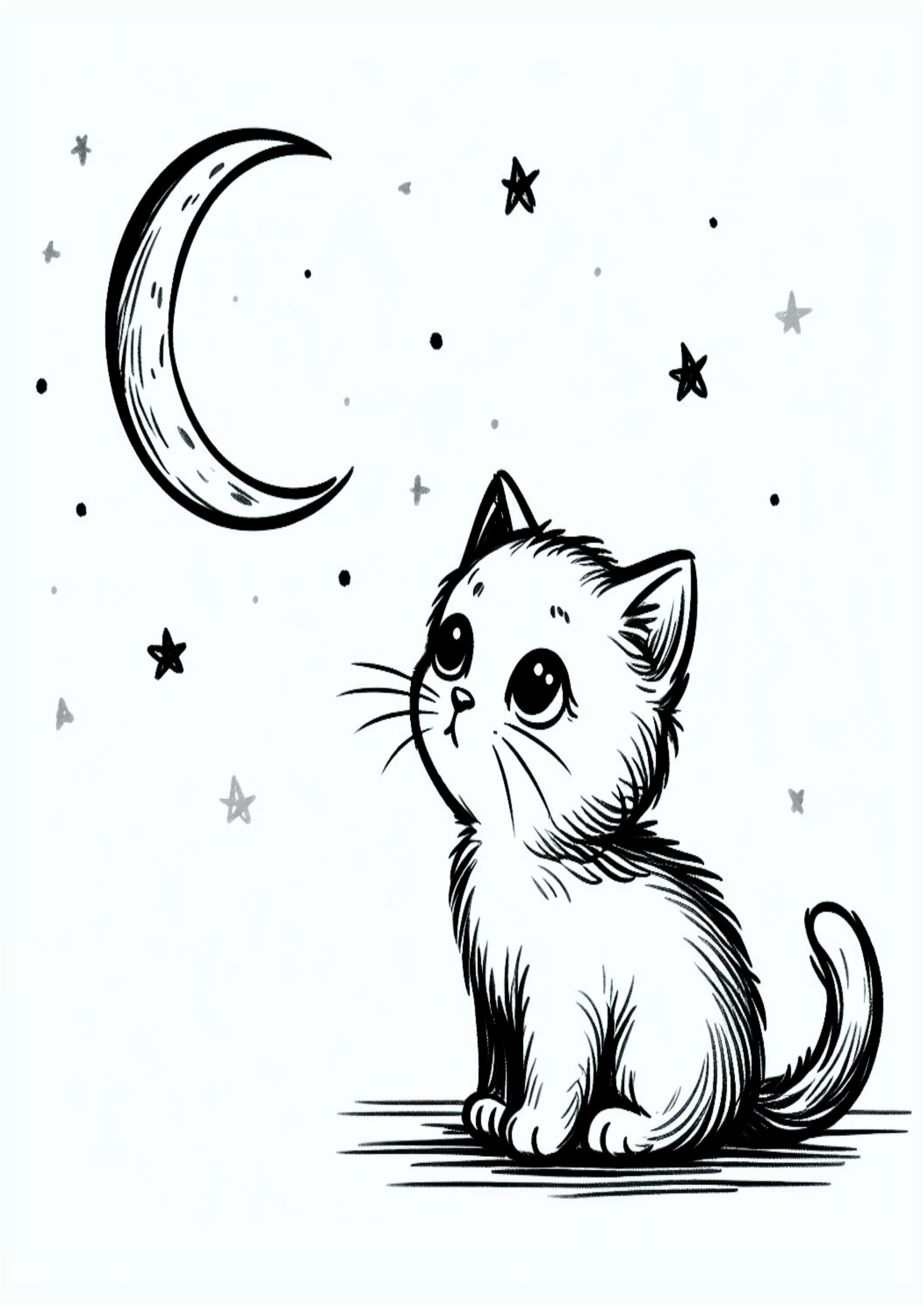 Simple drawing for beginners a kitten looking at the moon and stars Children’s doodle to color free to print art png