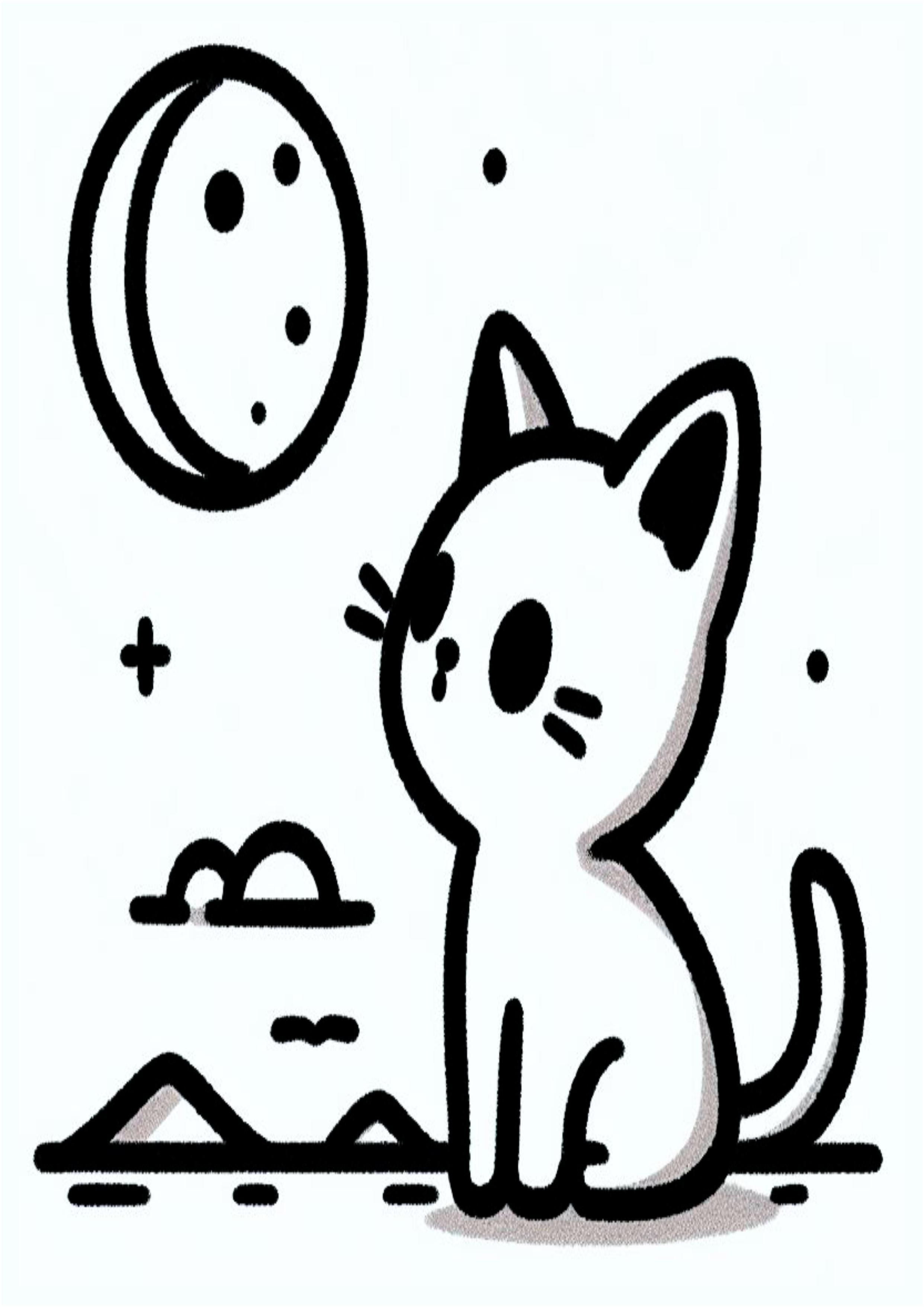 Simple drawing for beginners a kitten looking at the moon and stars Children’s doodle to color free to print png