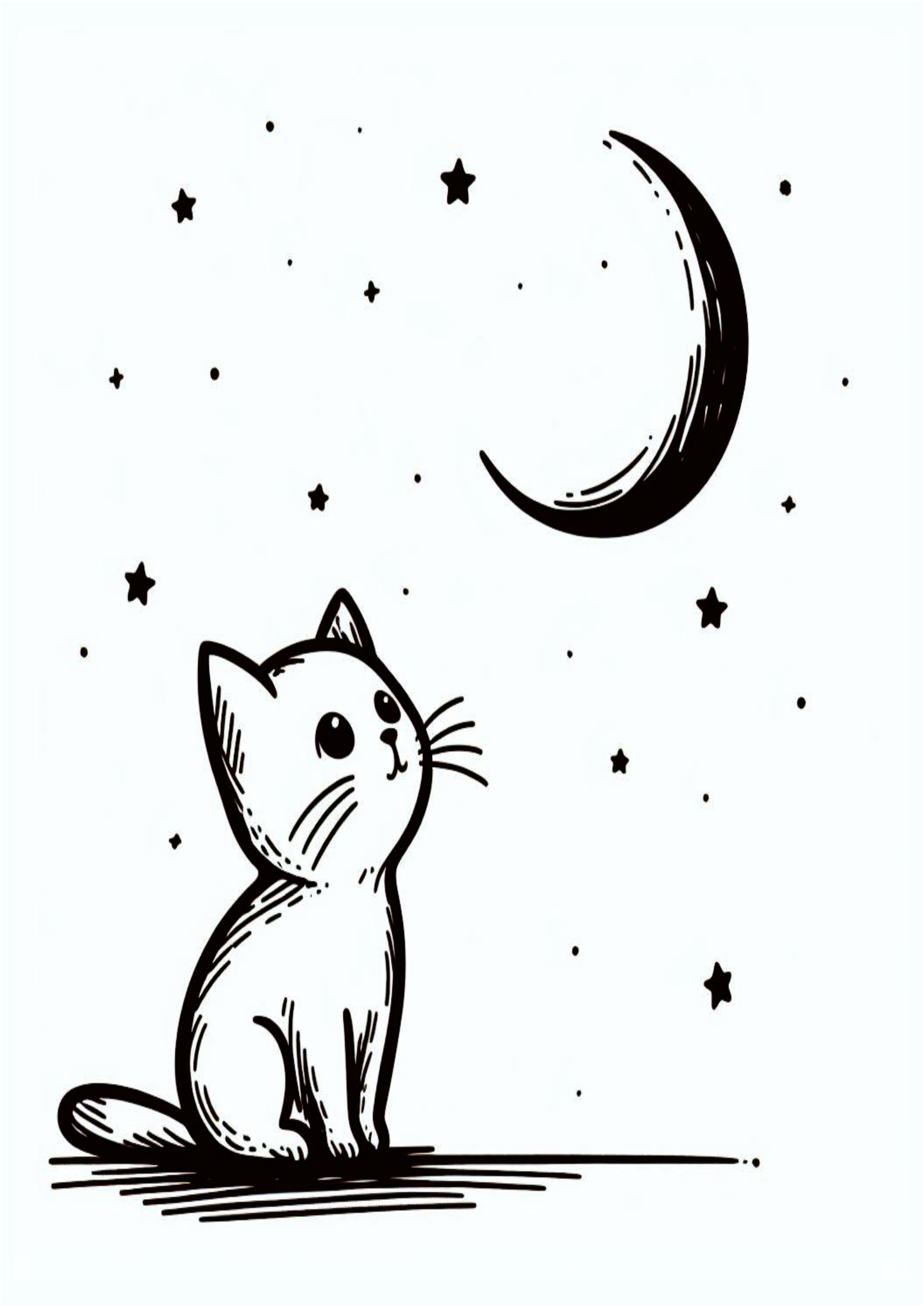 Simple drawing for beginners a kitten looking at the moon and stars Children’s doodle for coloring free png