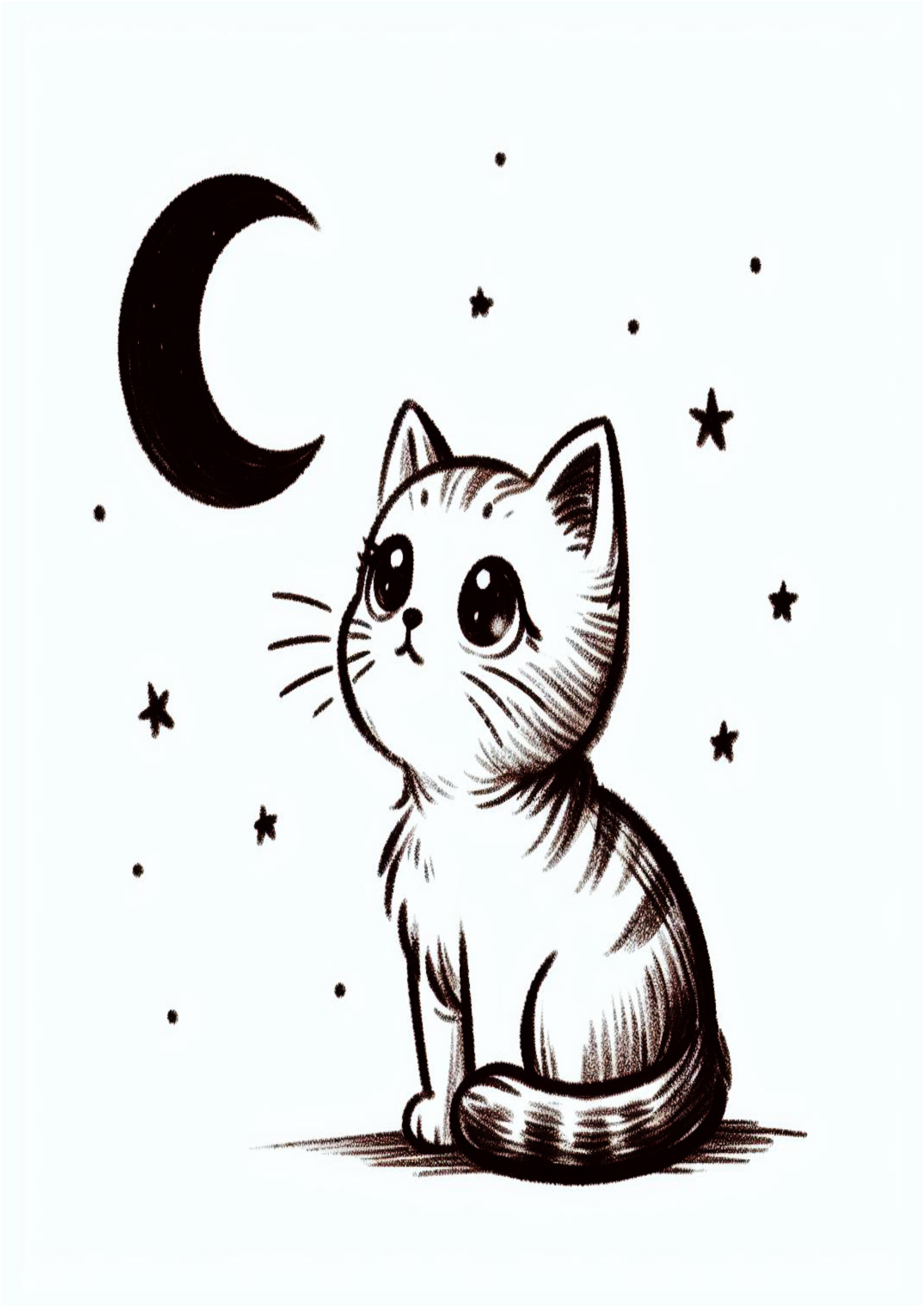 Simple drawing for beginners a kitten looking at the moon and stars children’s doodle png