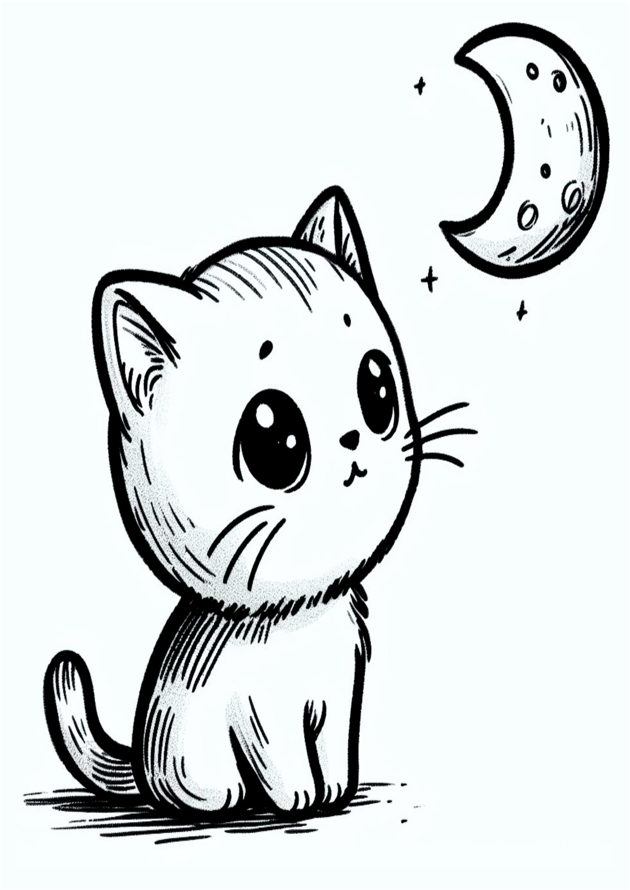 Simple drawing for beginners a kitten looking at the moon and stars Children’s doodle to color png