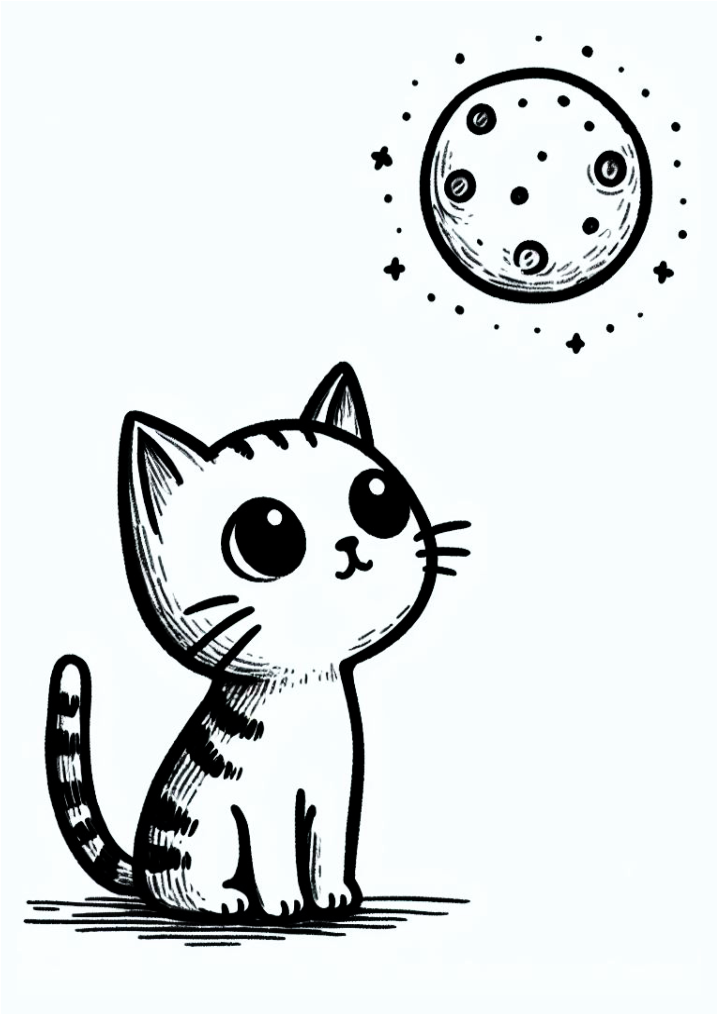 Simple drawing for beginners a kitten looking at the moon and stars children’s doodle png