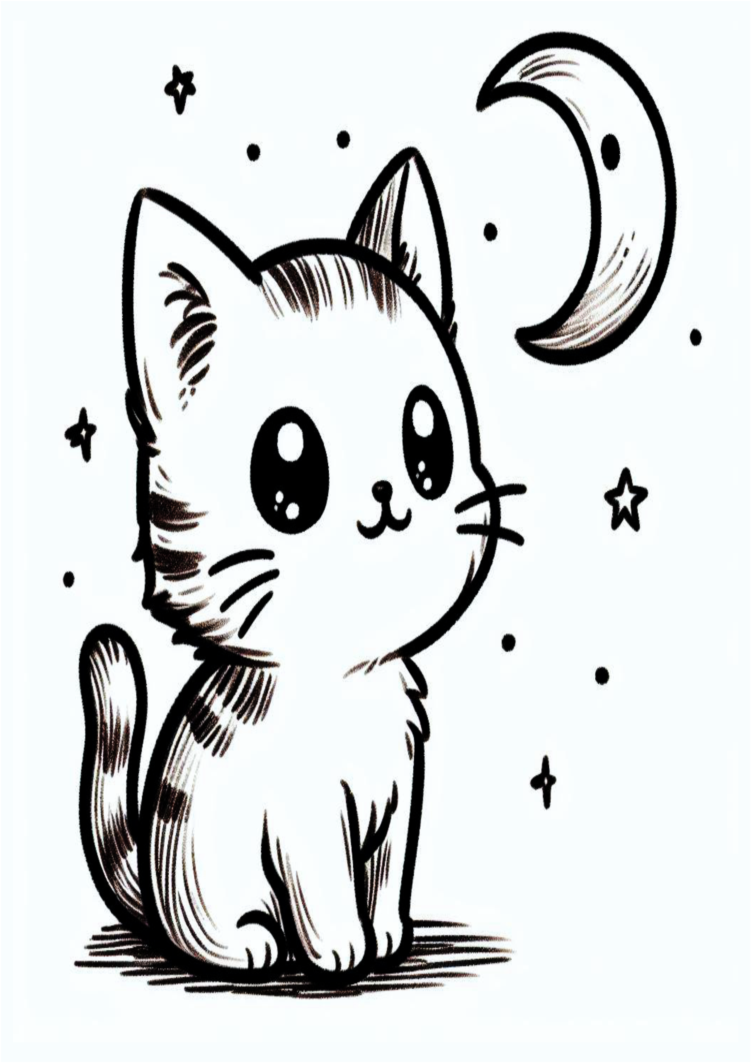 Simple drawing for beginners a kitten looking at the moon and stars doodle png