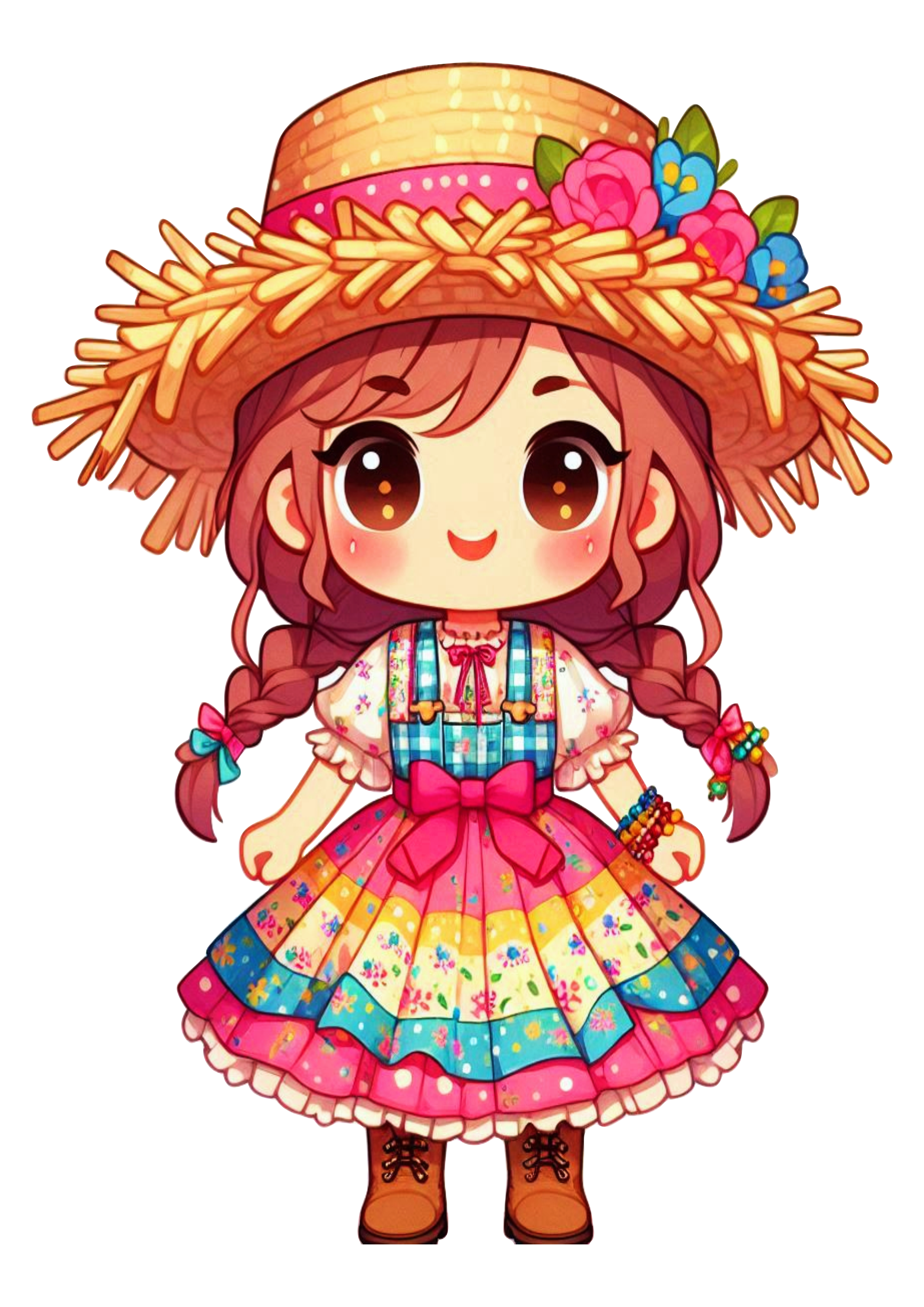 Fantasia de festa junina mocinha bonita São João Vestido colorido trancinhas no cabelo chapéu de palha png
