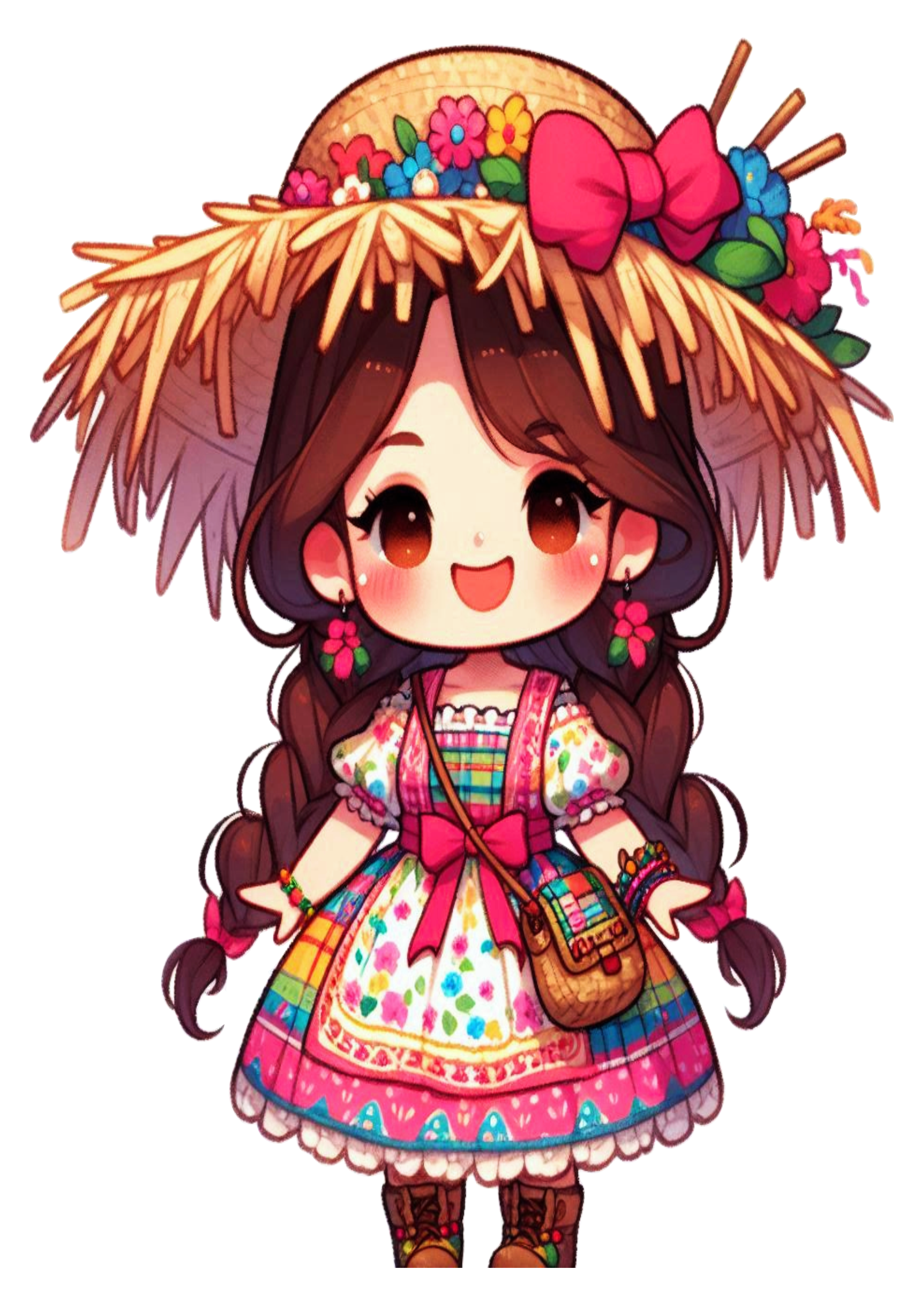 Fantasia de festa junina mocinha bonita São João Vestido colorido trancinhas no cabelo chapéu de palha artes gráficas png