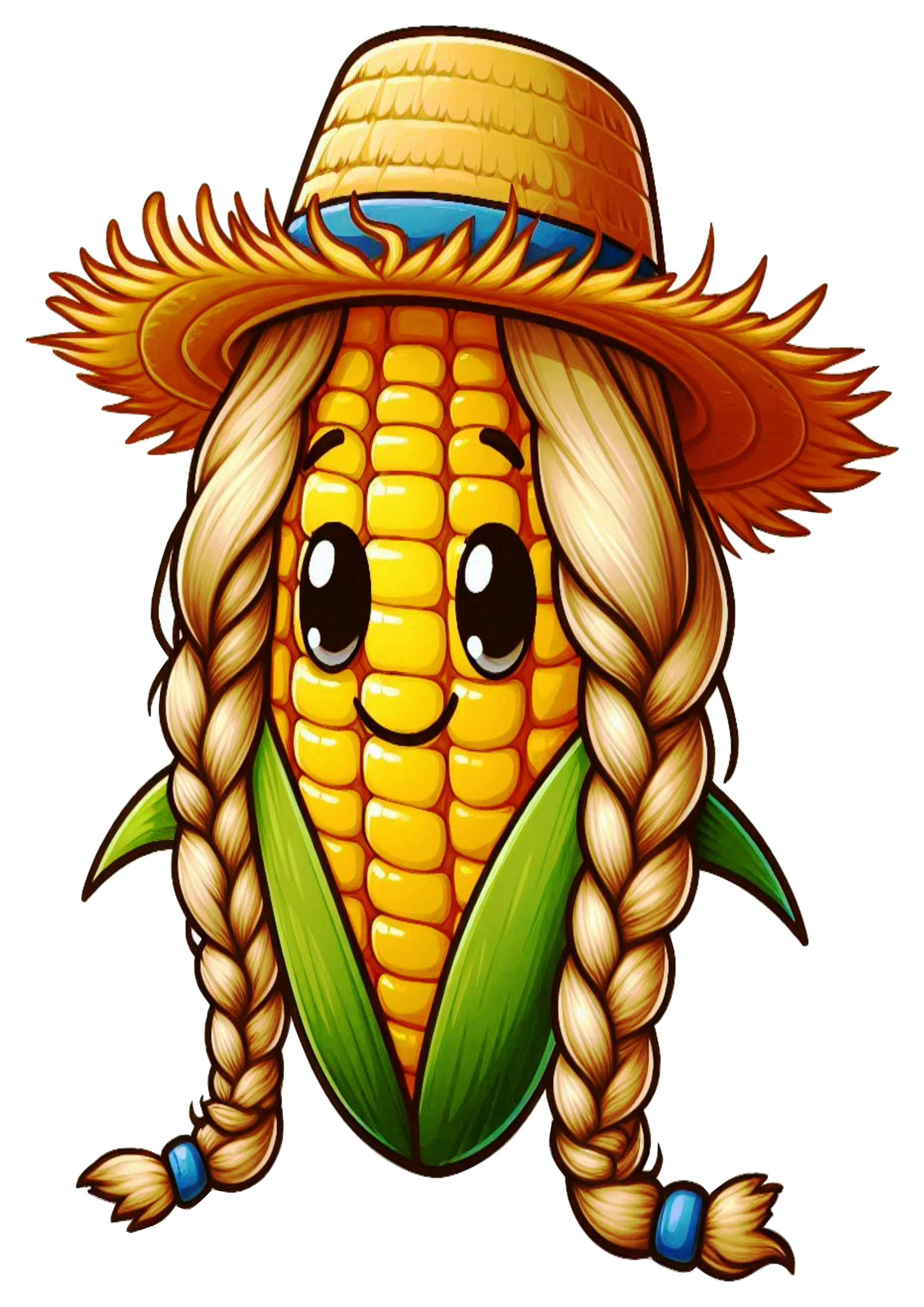 Espiga de milho com chapéu de palha e trancinhas png festa junina São João fundo transparente clipart