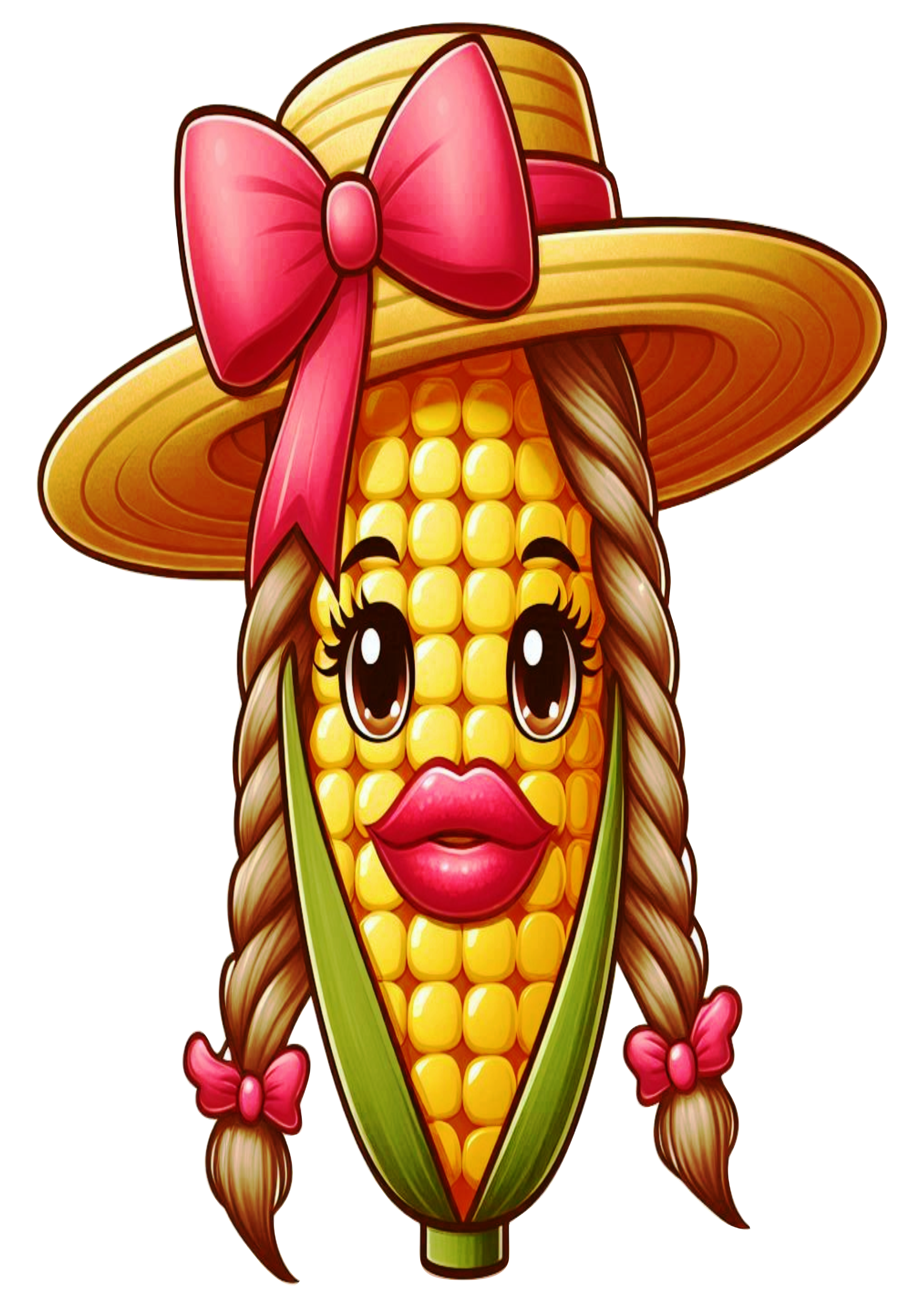 Pack de imagens para festa junina desenho simples cartoon milho chapéu de palha trança no cabelo png fundo transparente