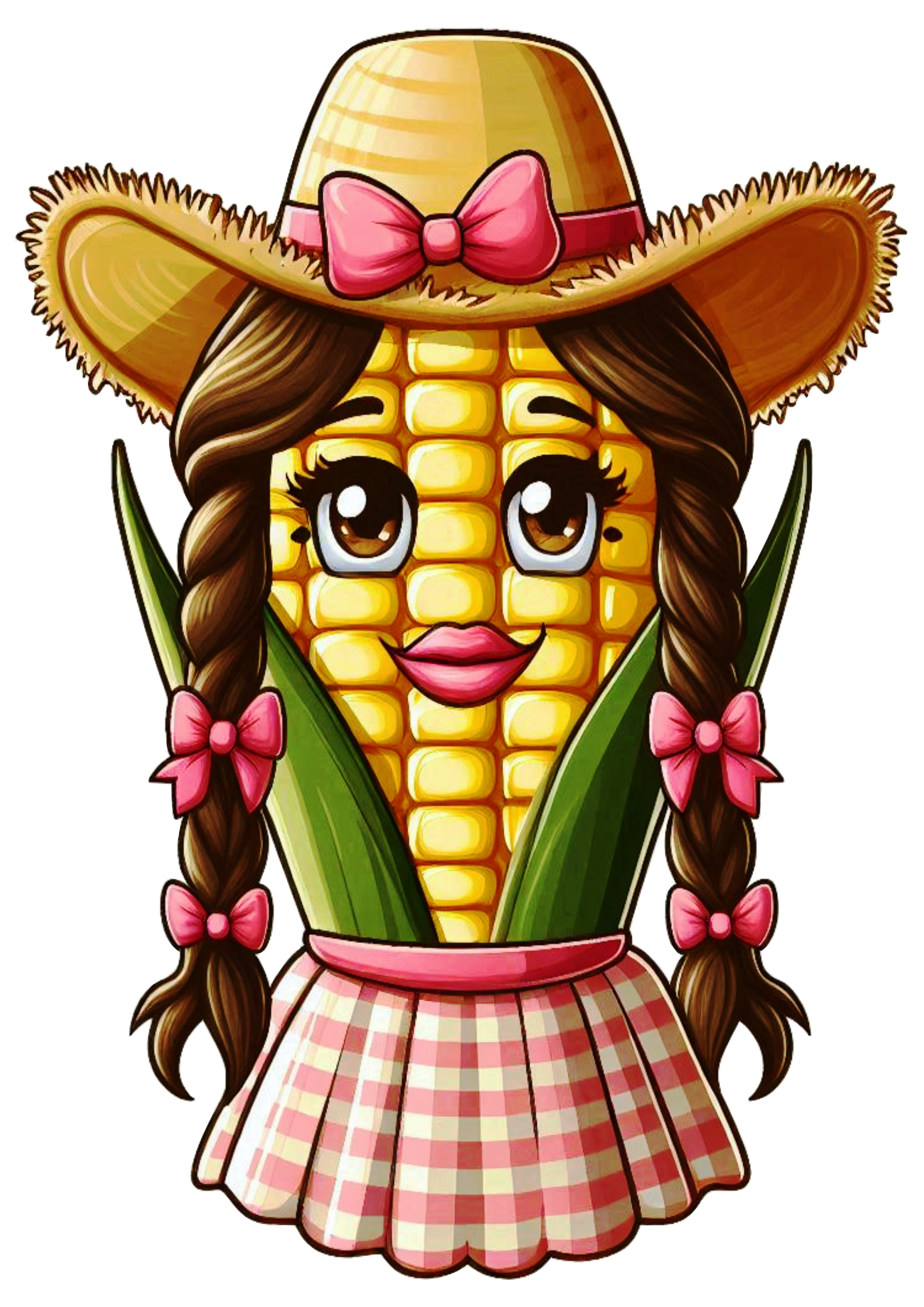 Imagens engraçadas para São João espiga de milho com chapéu de palha e trancinhas png