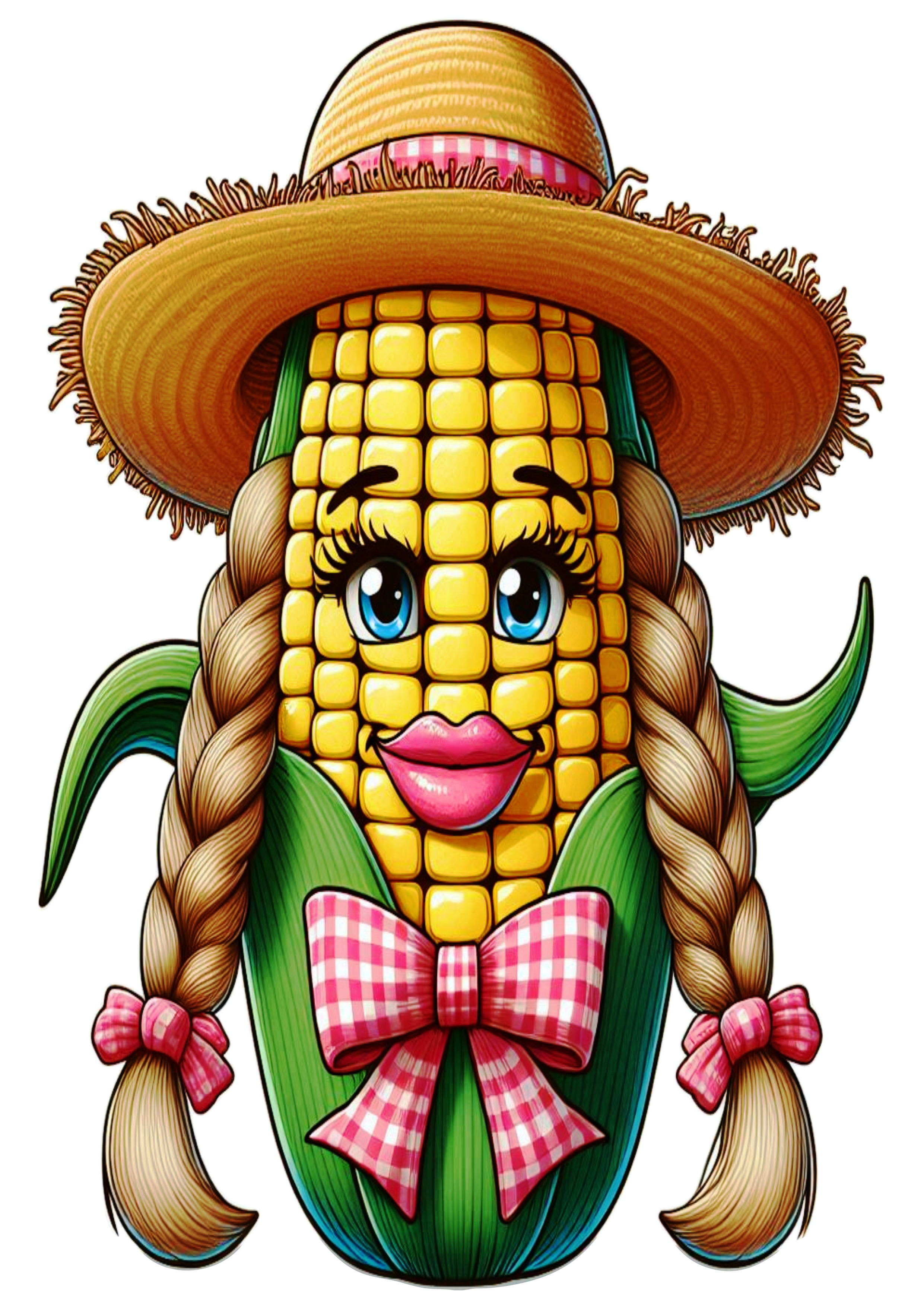 Imagens engraçadas para São João espiga de milho com chapéu de palha e trancinhas png fundo transparente clipart