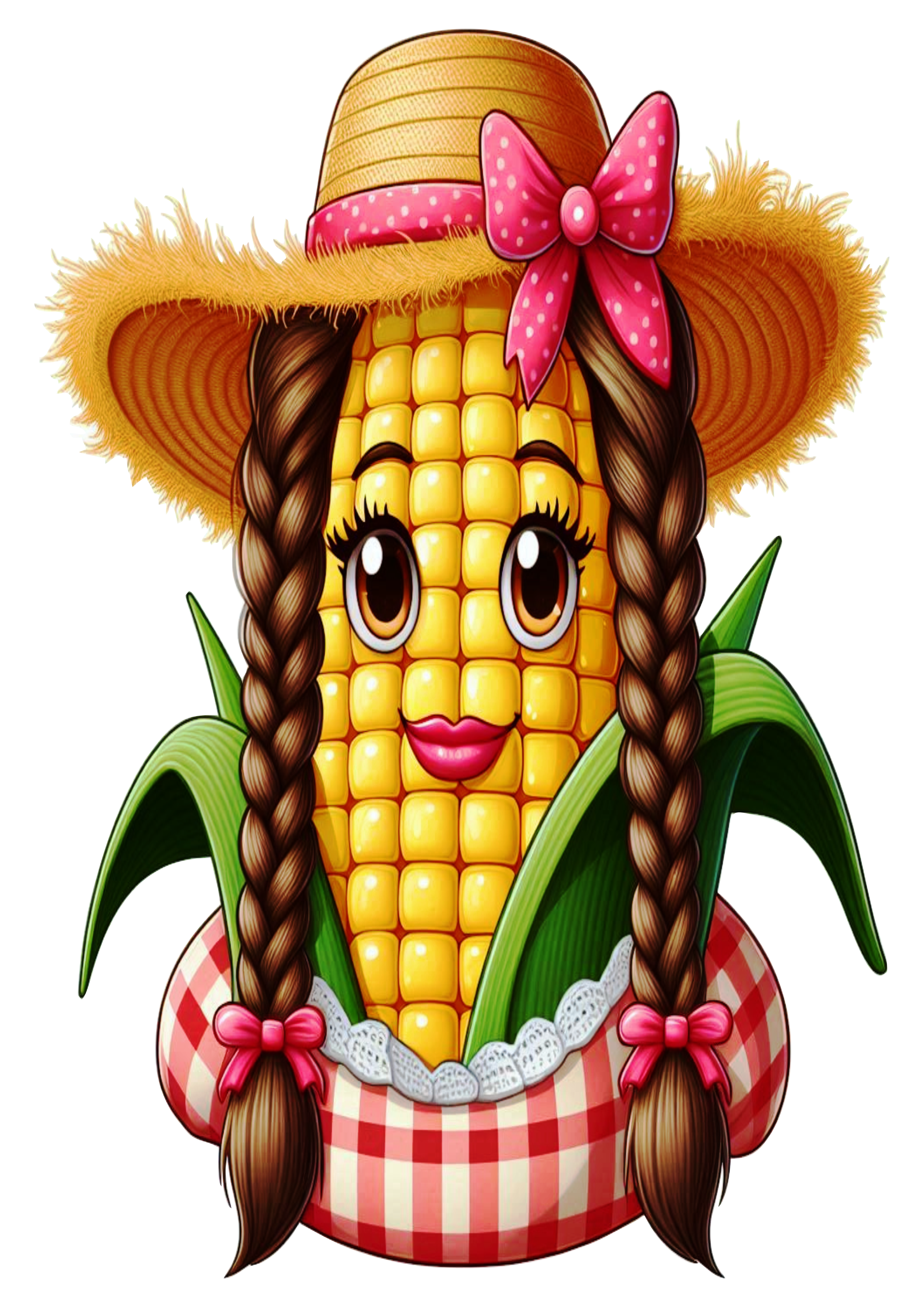 Imagens engraçadas para São João espiga de milho com chapéu de palha e trancinhas png fundo transparente clipart vetor