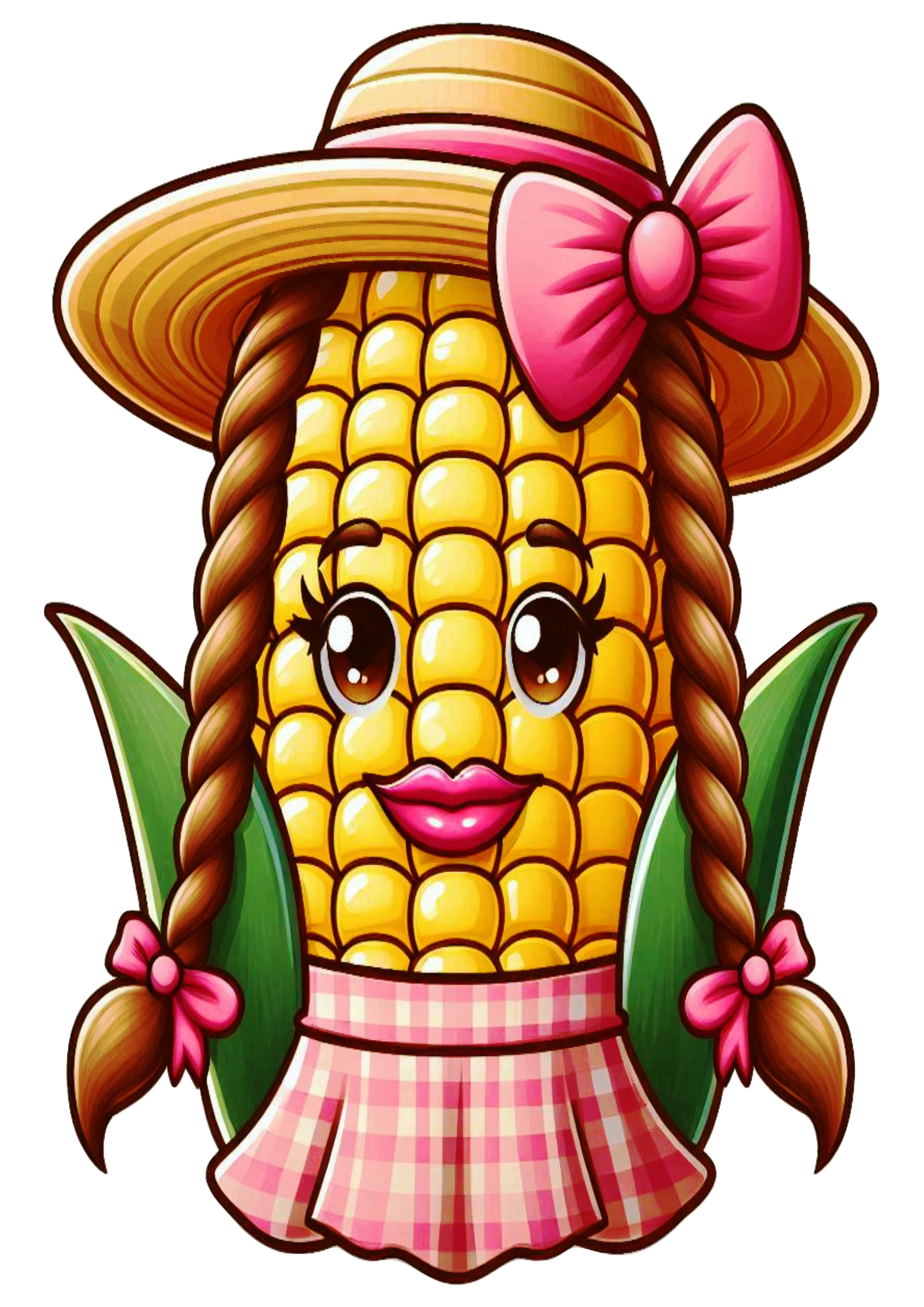 Imagens engraçadas para São João espiga de milho com chapéu de palha e trancinhas png fundo transparente clipart vetor ilustração