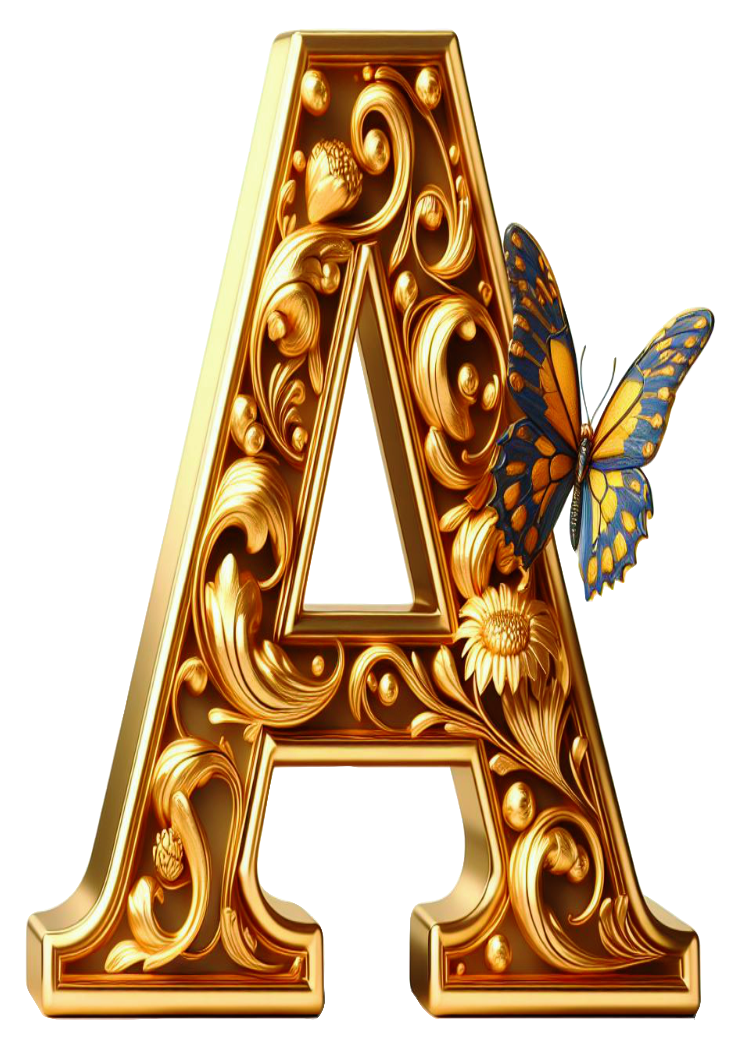 Letra dourada decoração com borboleta free design png