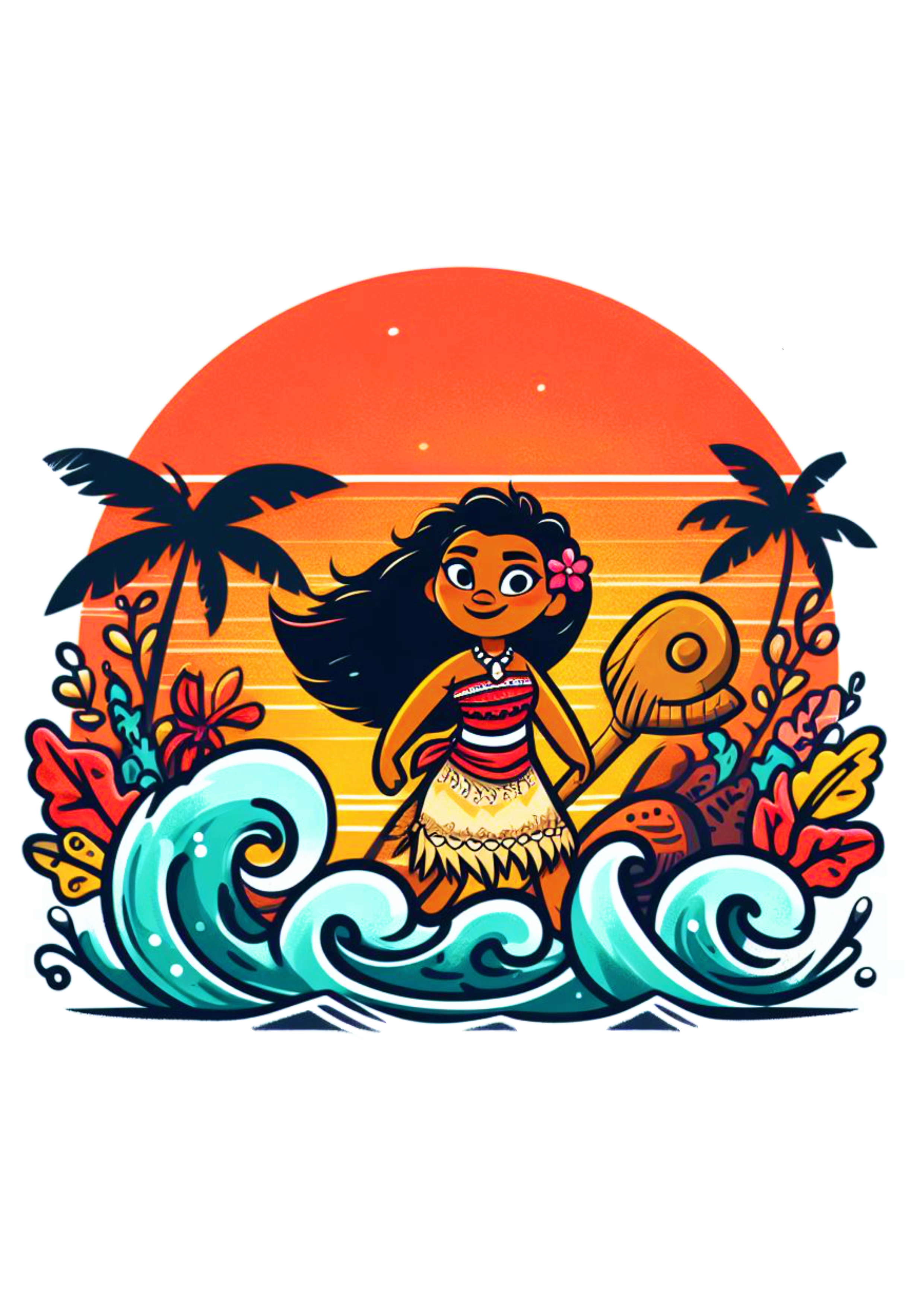 Desenho simples colorido Moana tardezinha mar e coqueiros pôr do sol png