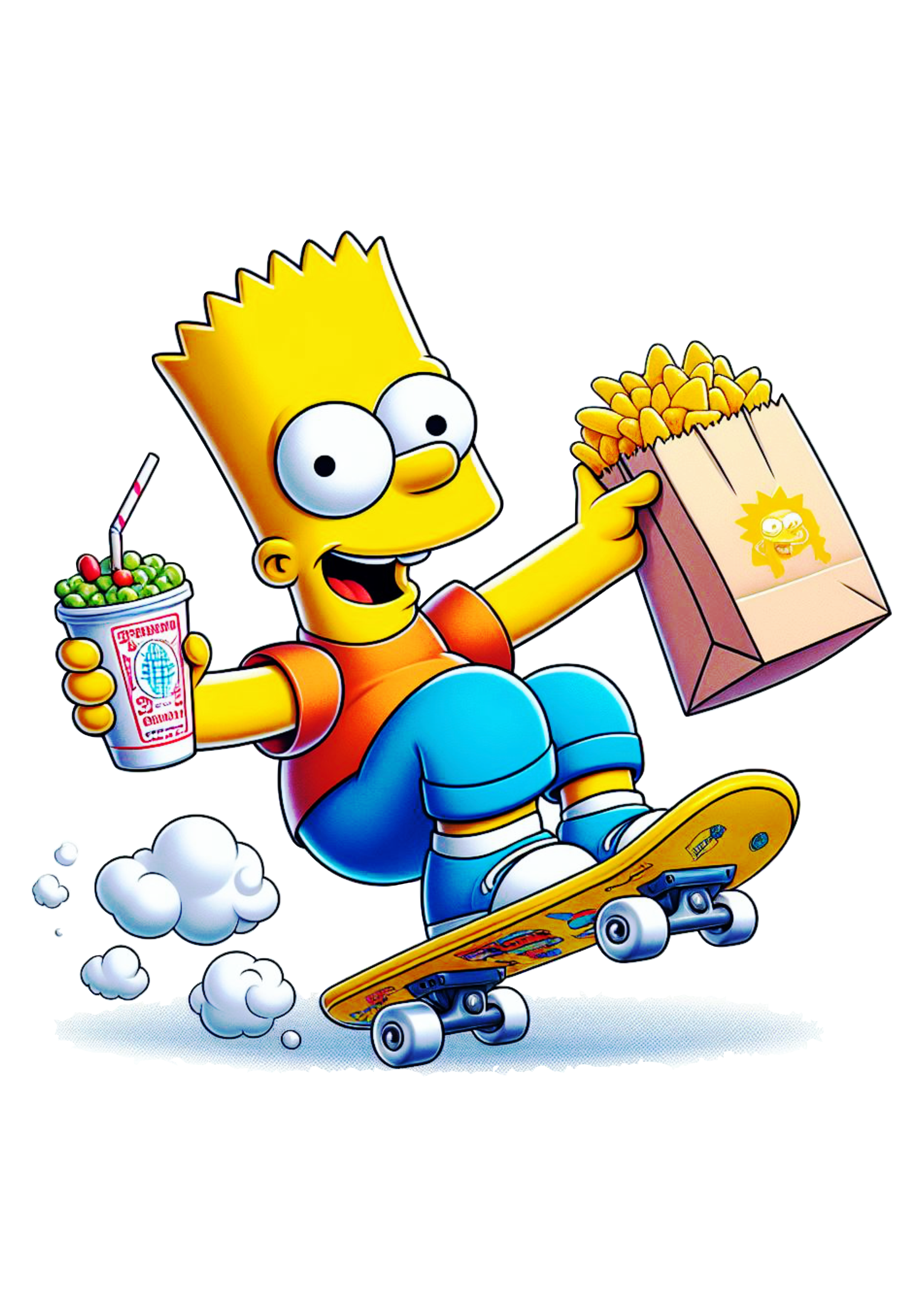 Bart Simpson andando de skate com refrigerante e salgadinhos cartoon png