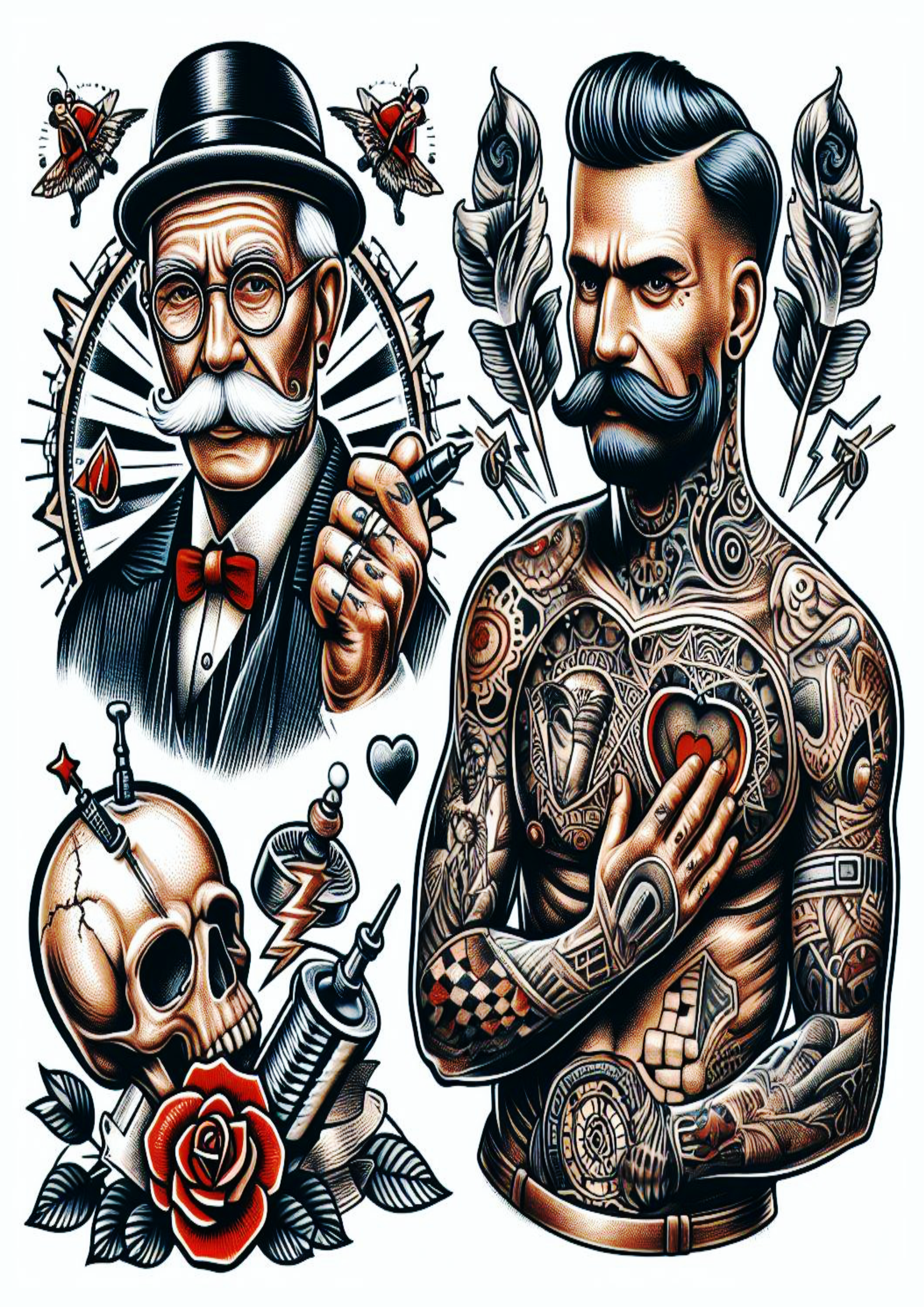 Várias ideias para tatuagem desenhos coloridos png caveiras e bigodes