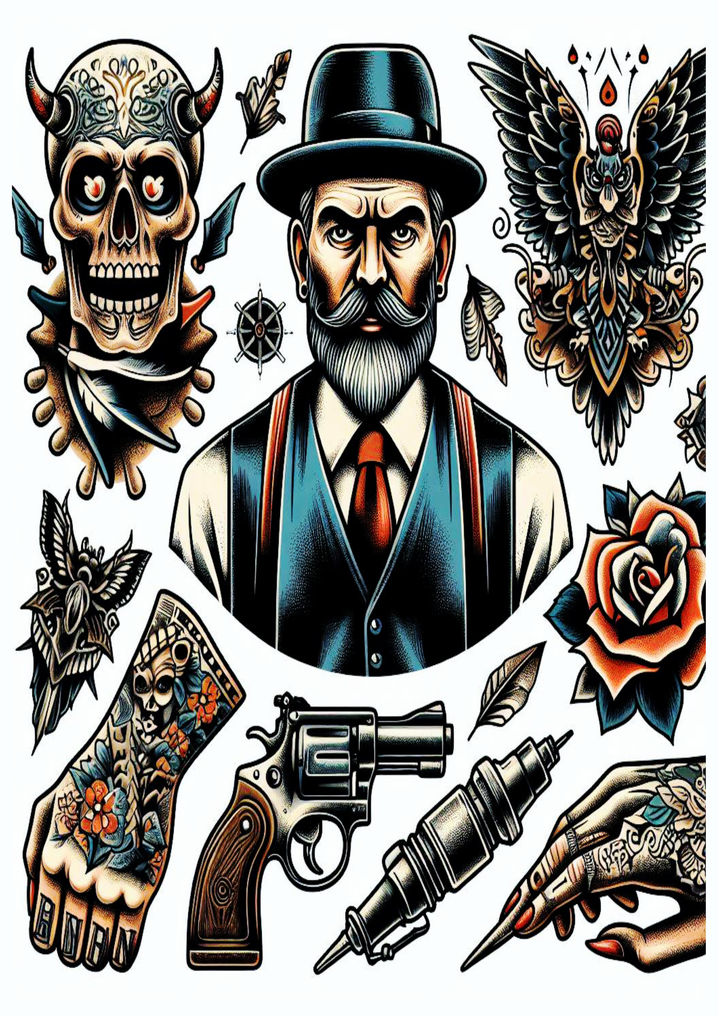 Várias ideias para tatuagem desenhos coloridos png caveiras e bigodes armas
