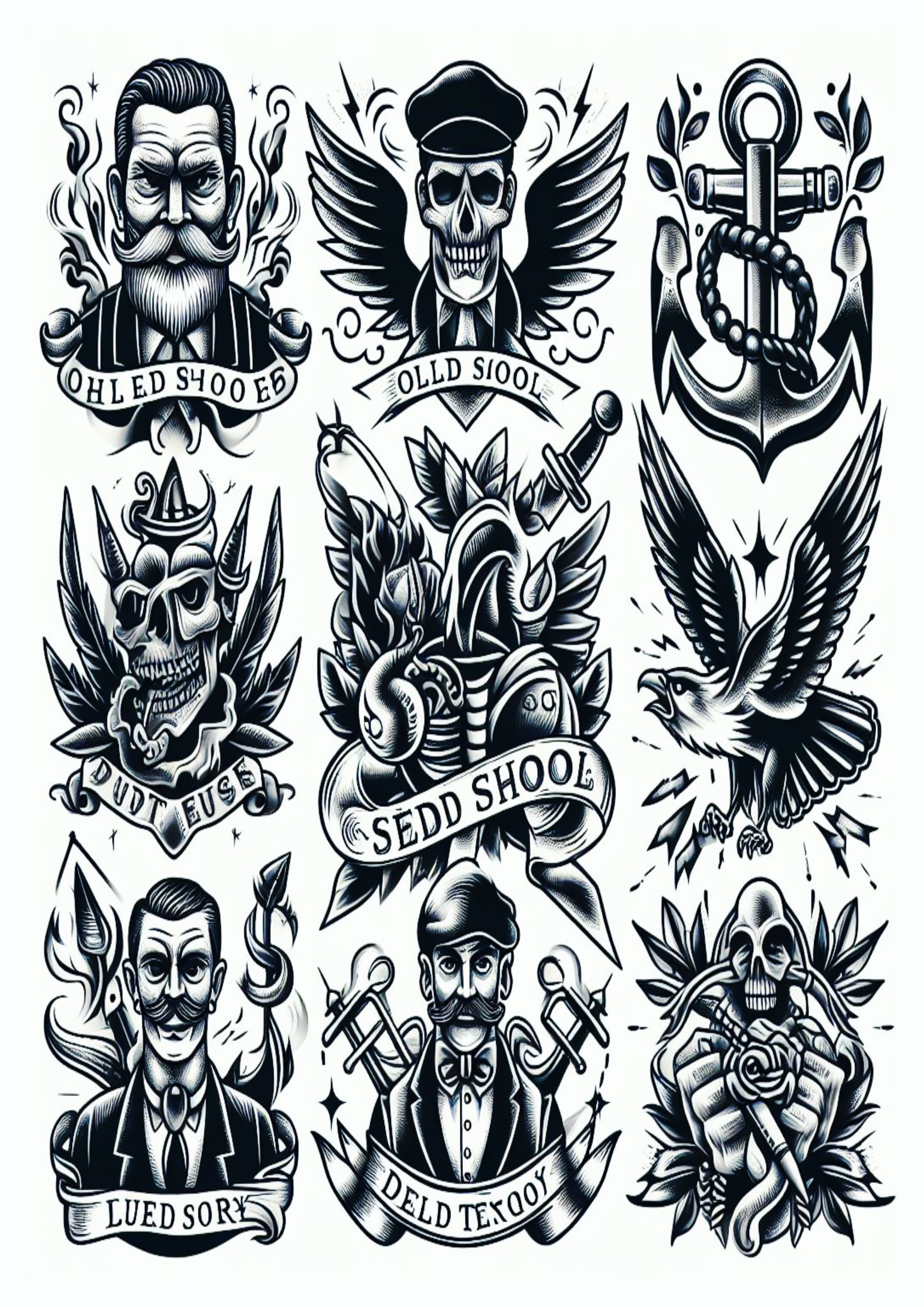 Várias ideias para tatuagem desenhos monocromáticos png caveiras e bigodes