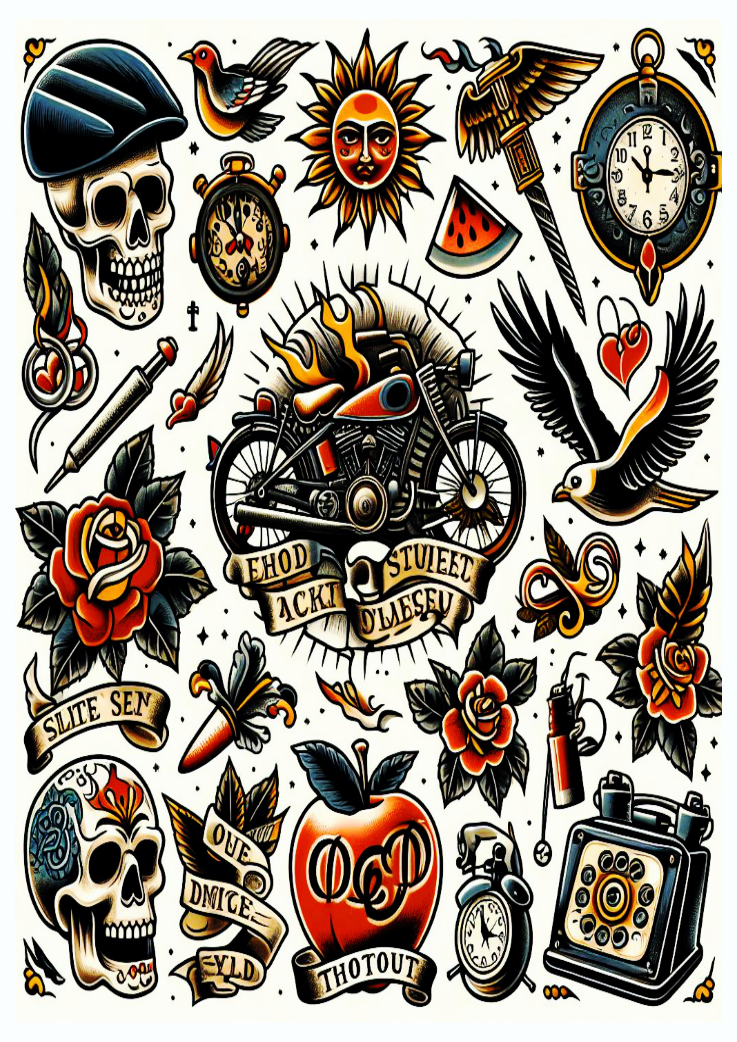 Várias ideias para tatuagem desenhos coloridos png caveiras e bigodes flores motocicleta design