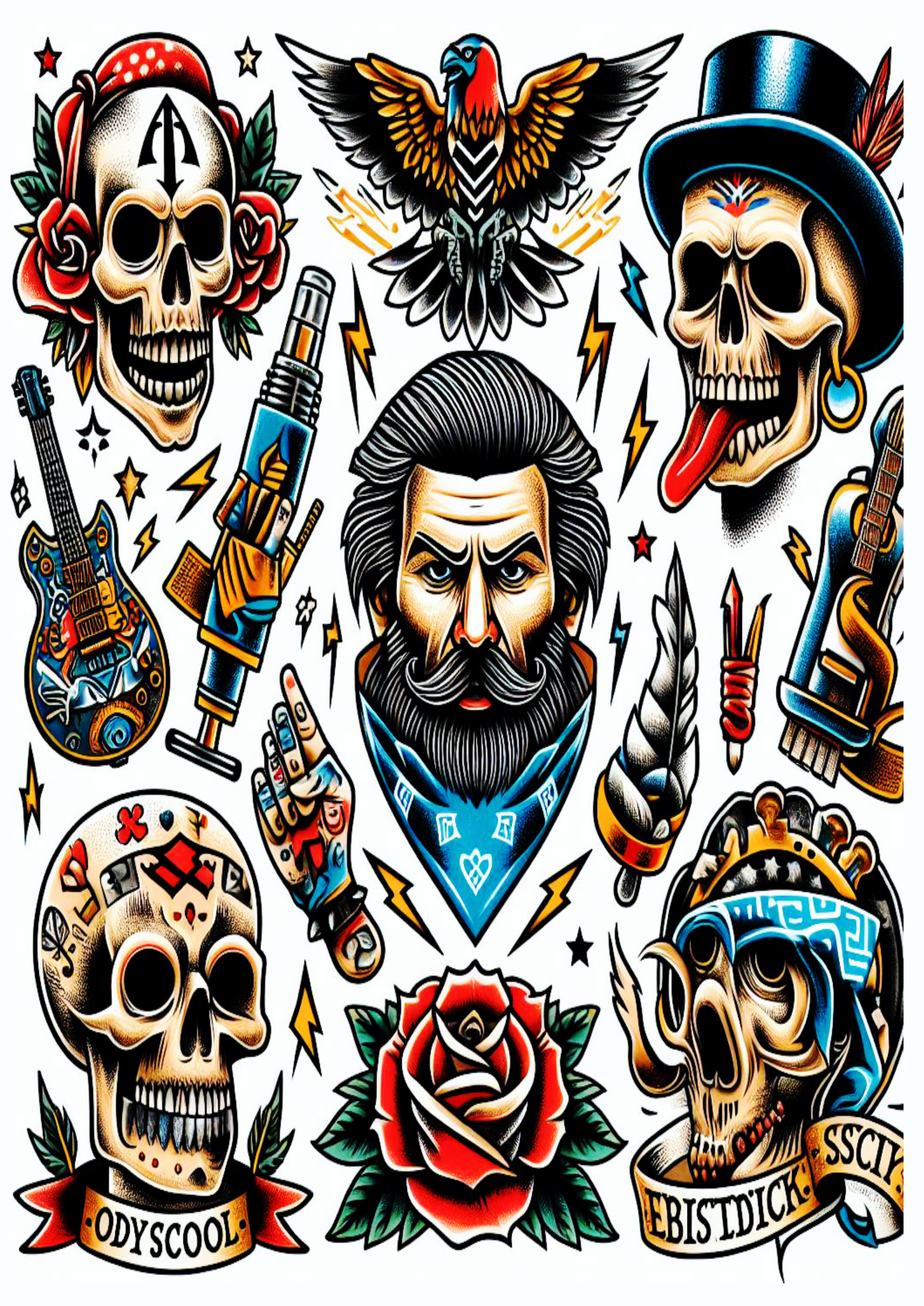 Várias ideias para tatuagem desenhos coloridos png caveiras e bigodes flores motocicleta free design