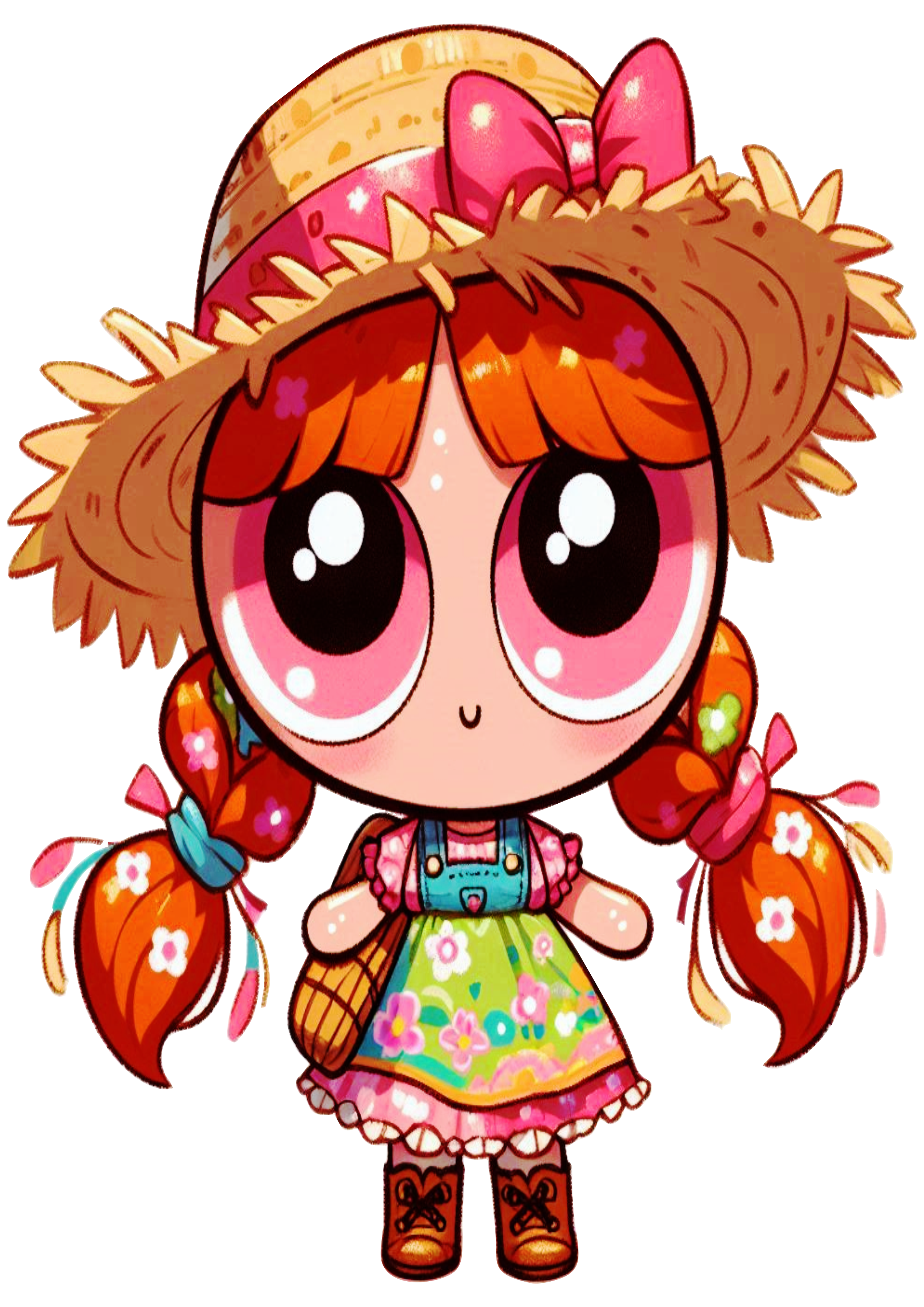 Florzinha as meninas superpoderosas com vestido colorido de festa junina chapéu de palha trancinha no cabelo fundo transparente png