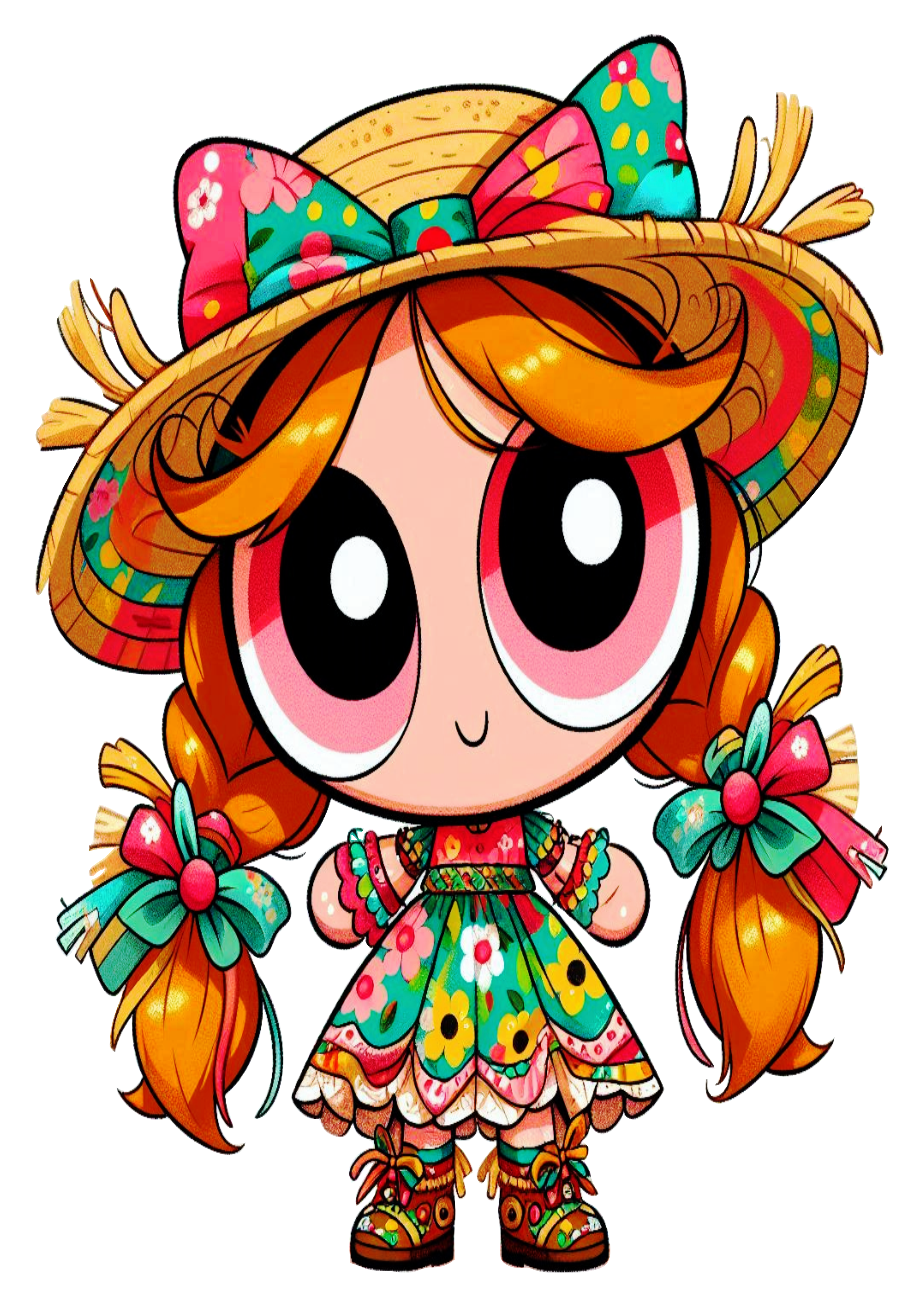 Florzinha as meninas superpoderosas com vestido colorido de festa junina chapéu de palha fundo transparente clipart png
