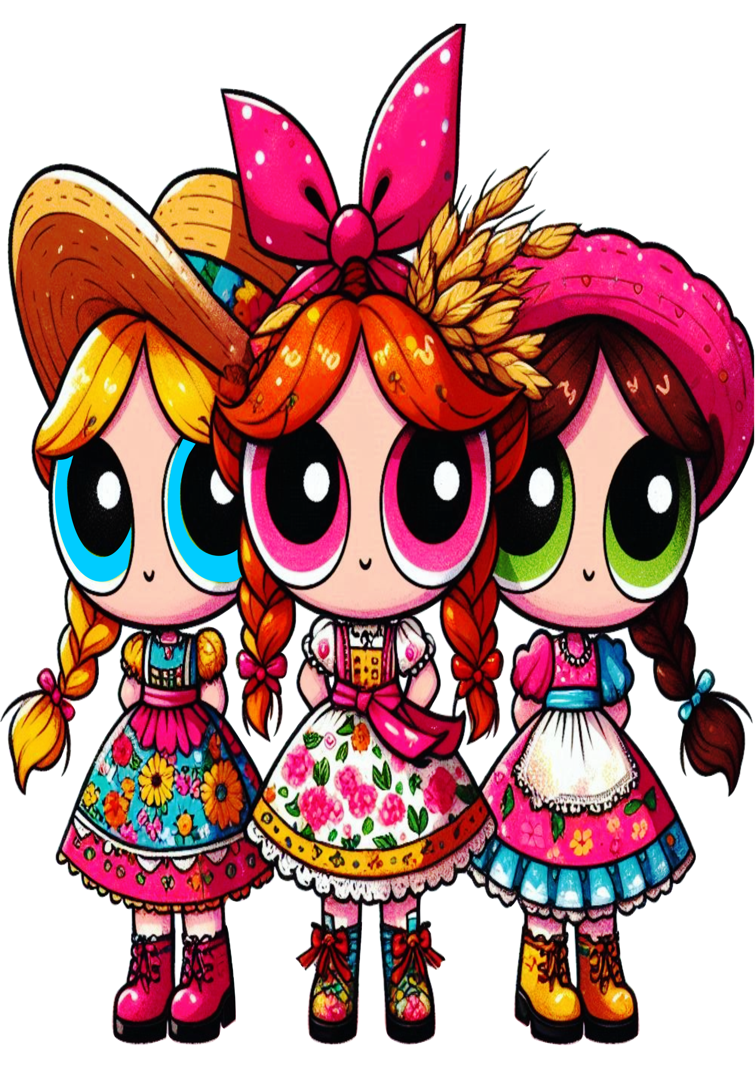 Florzinha lindinha e docinho as meninas superpoderosas com vestido colorido de festa junina chapéu de palha fundo transparente png