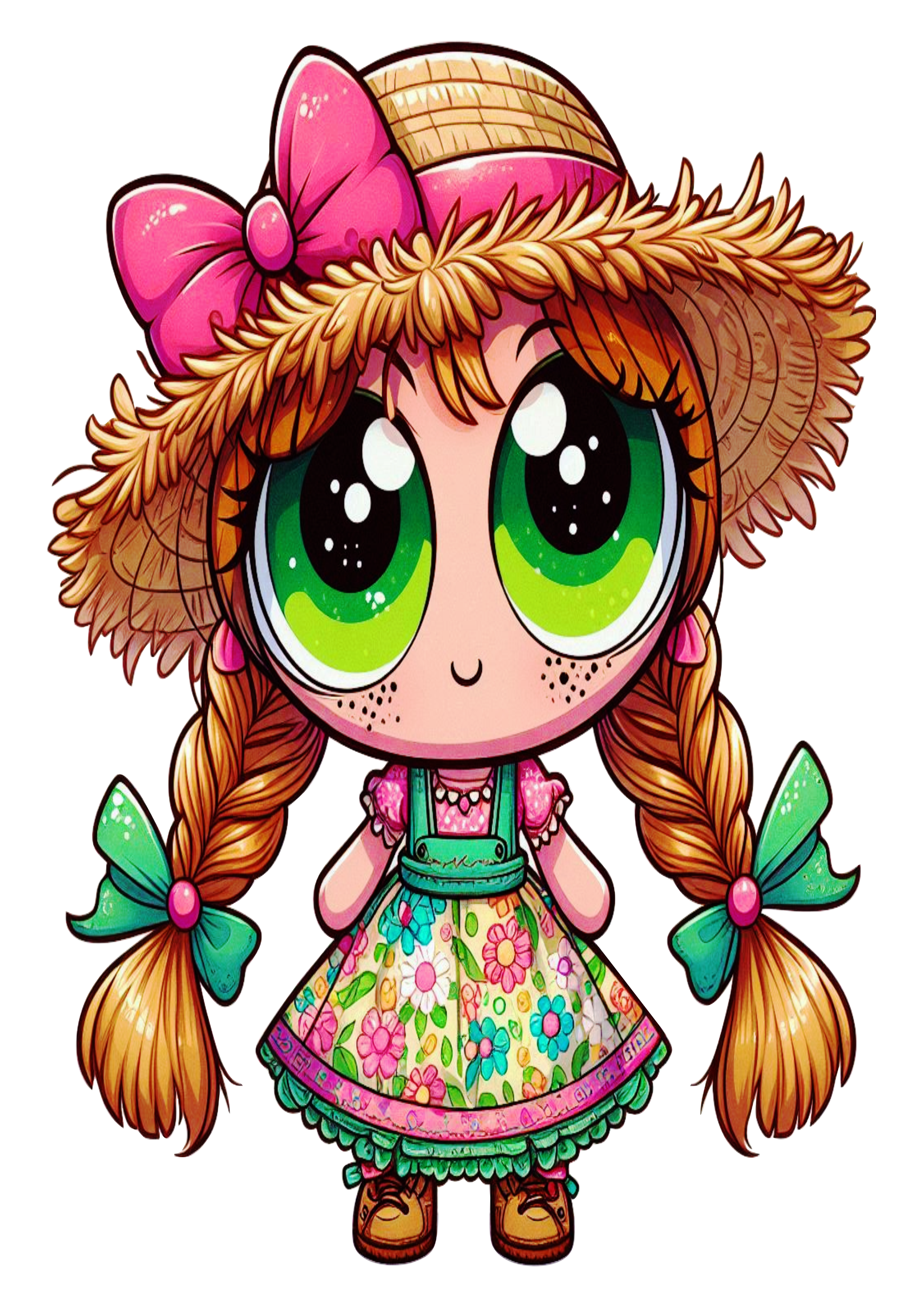 As meninas superpoderosas Docinho desenho simples com fantasia de festa junina png vestido florido chapéu de palha caipira