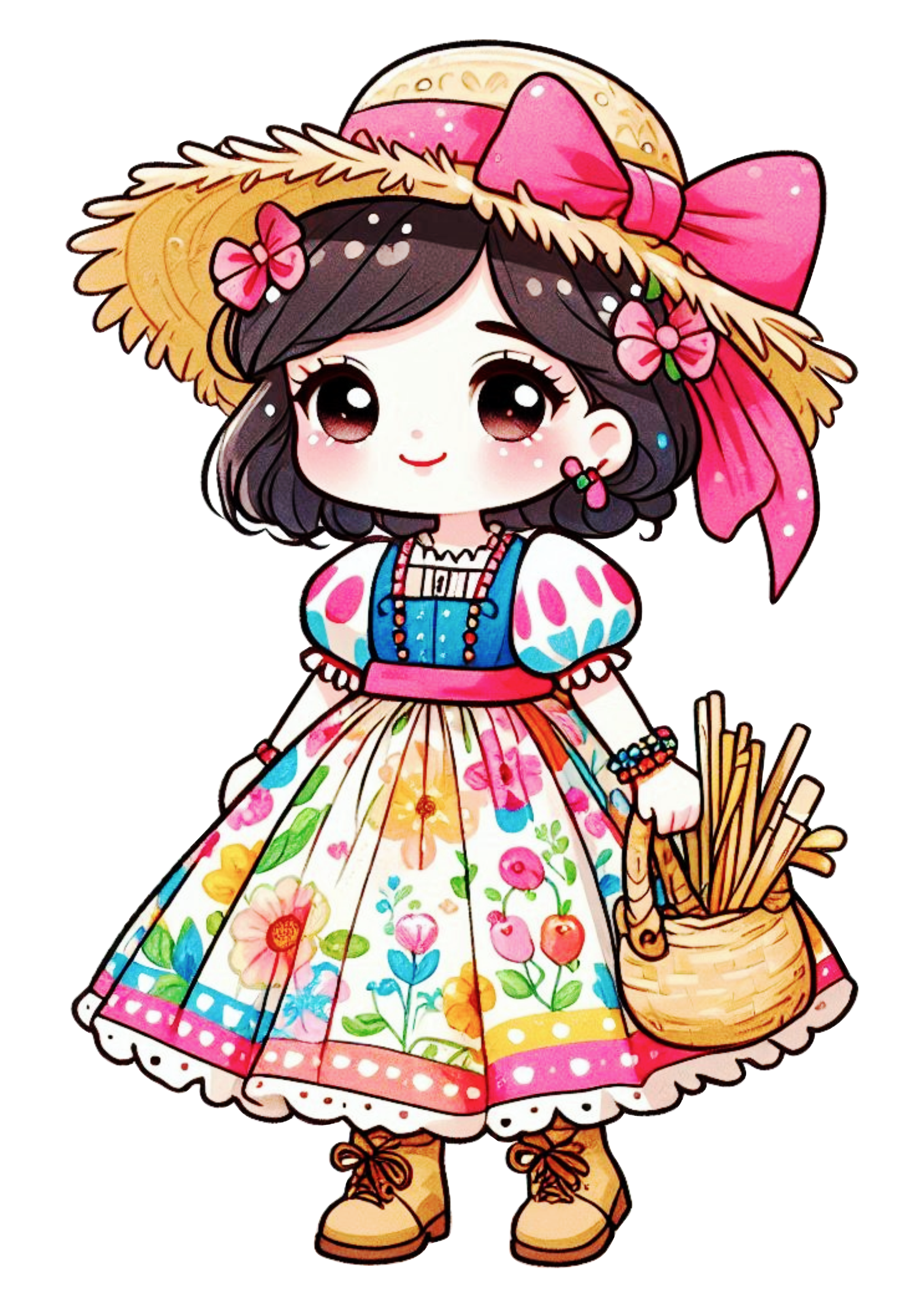 Desenho simples mocinha com chapéu de palha e vestido roupa de São João png