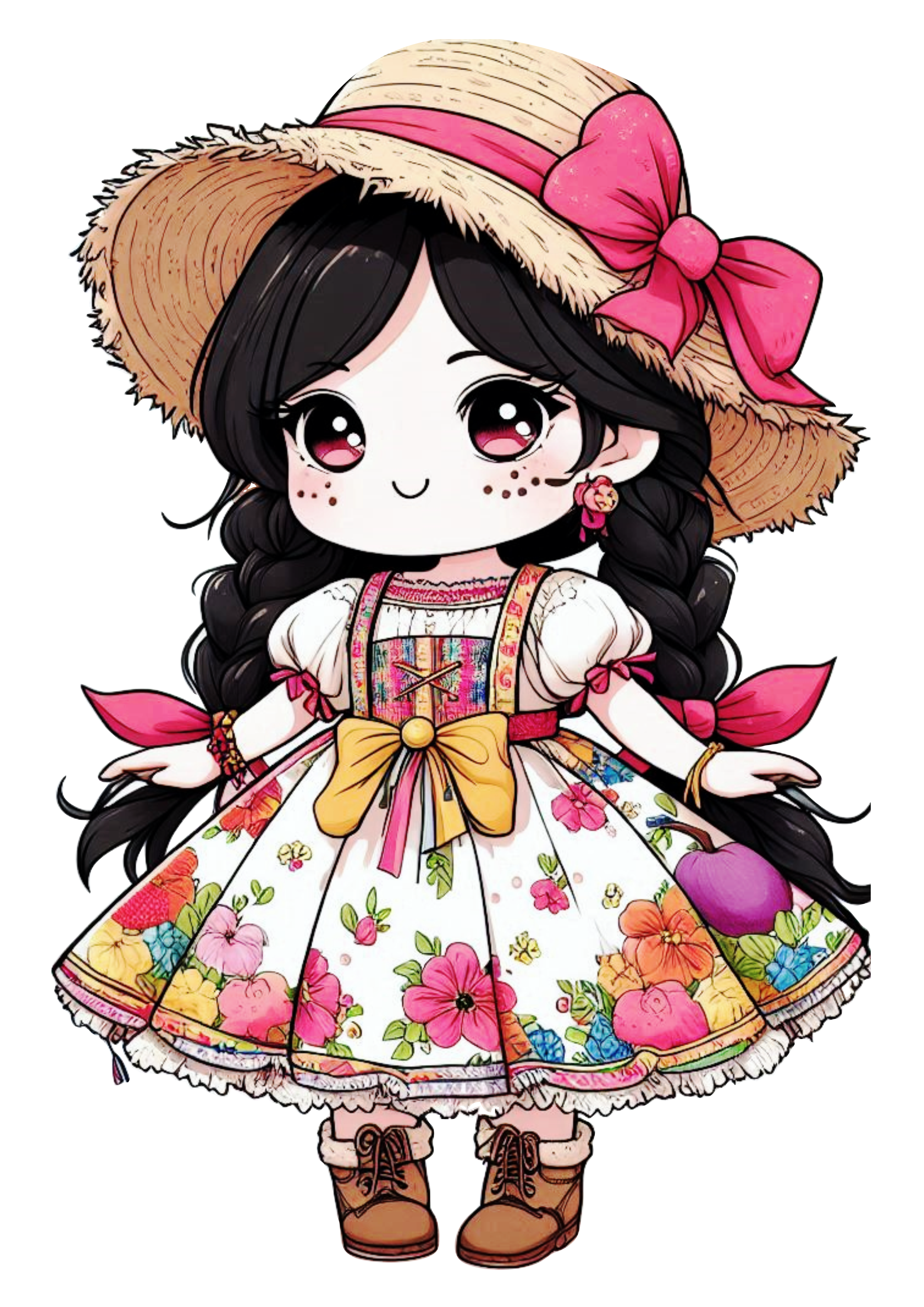 Desenho simples mocinha com chapéu de palha e vestido roupa de São João arraial decoração de festa png