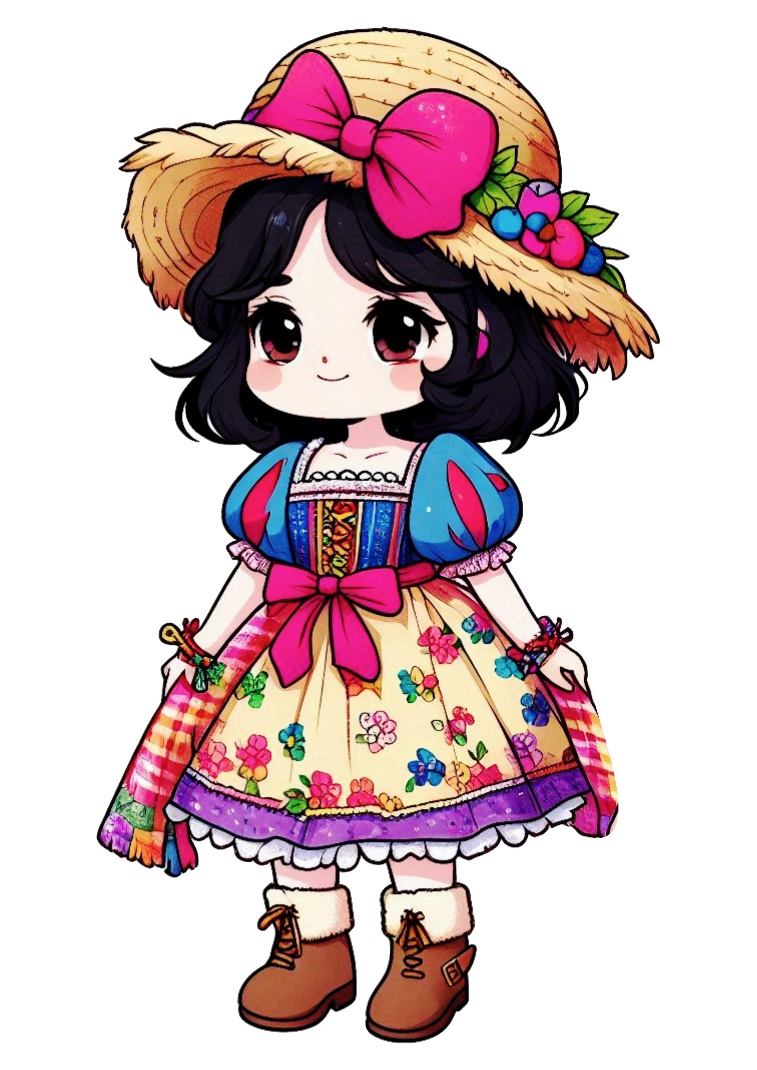Desenho simples mocinha com chapéu de palha e vestido roupa de São João arraial decoração de festa personalizada png
