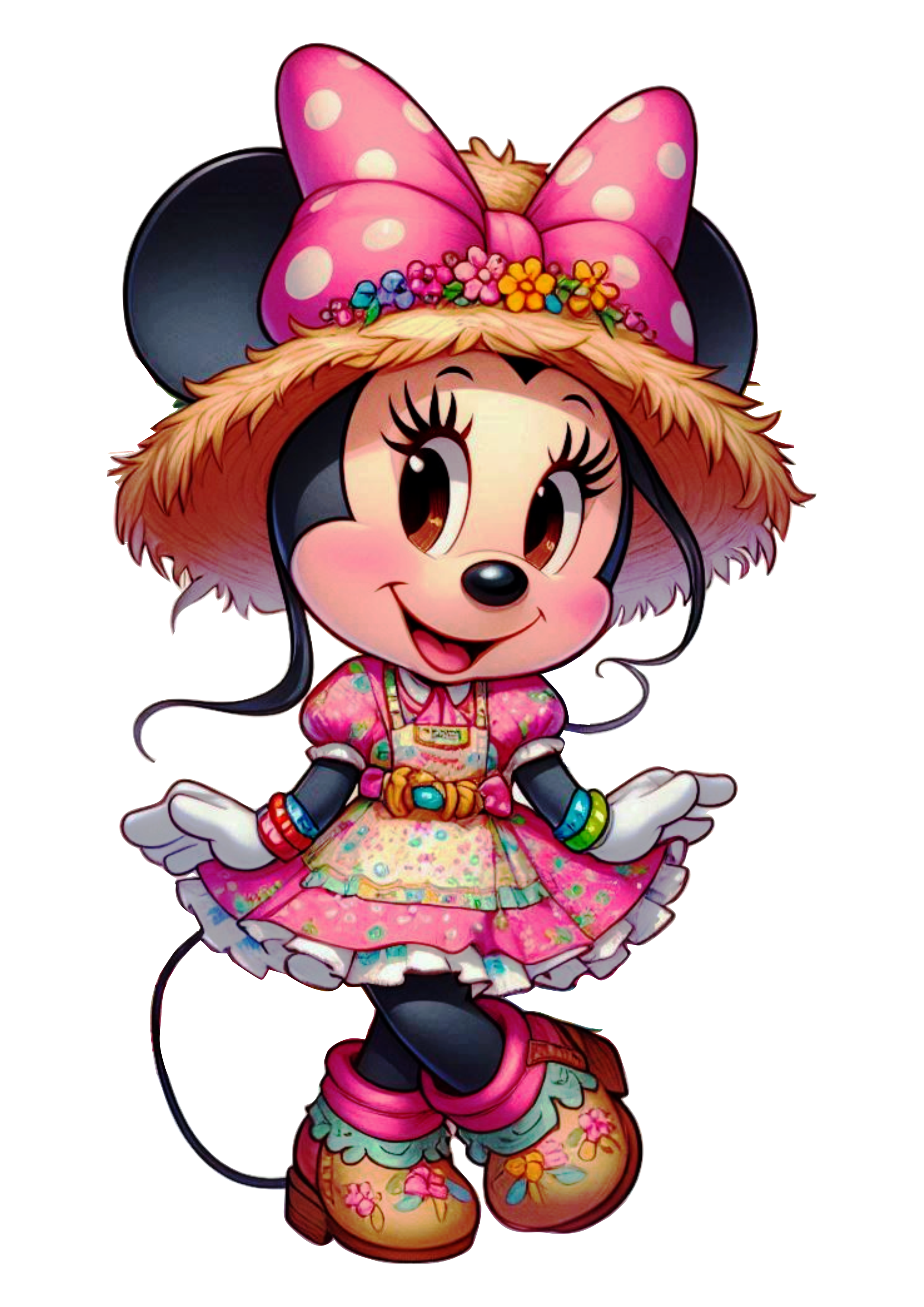 Minnie mouse desenho fofinho vestido rosa e chapéu de palha png