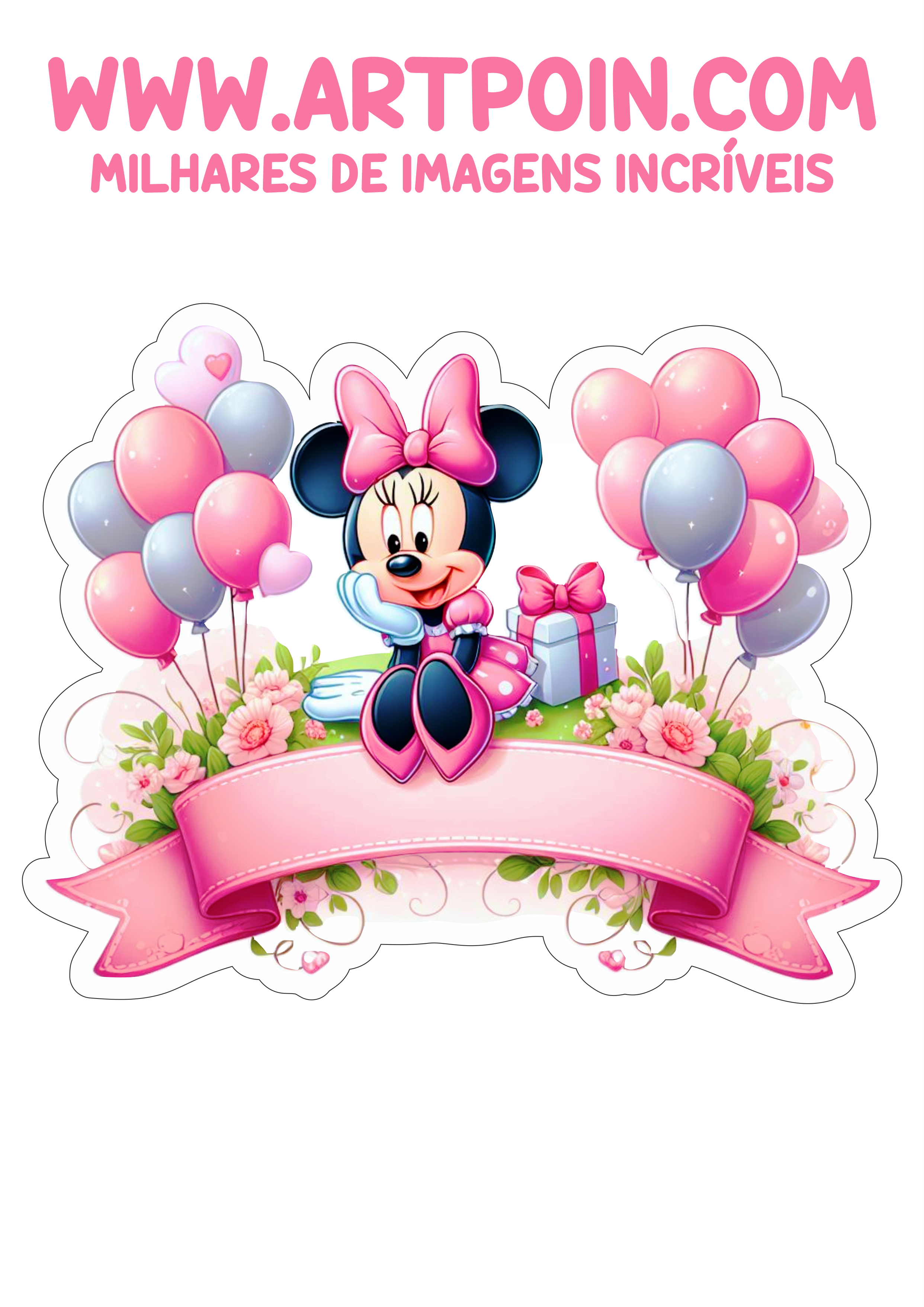 Topo de bolo Minnie rosa pronto para imprimir e decorar aniversário infantil festa personalizada faixa grátis balões presentes e flores png