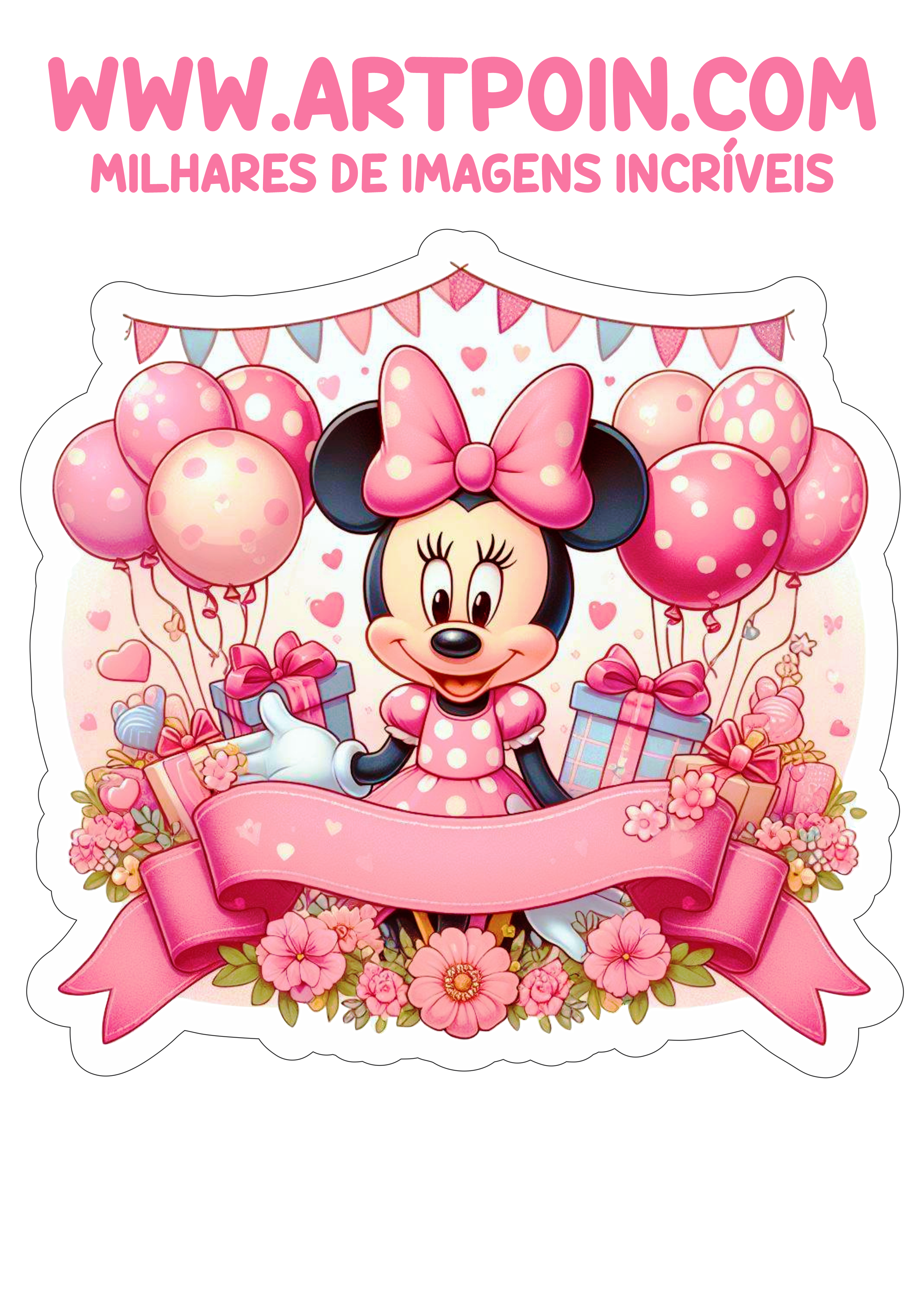 Topo de bolo Minnie rosa pronto para imprimir e decorar aniversário infantil festa personalizada faixa grátis balões e presentes png