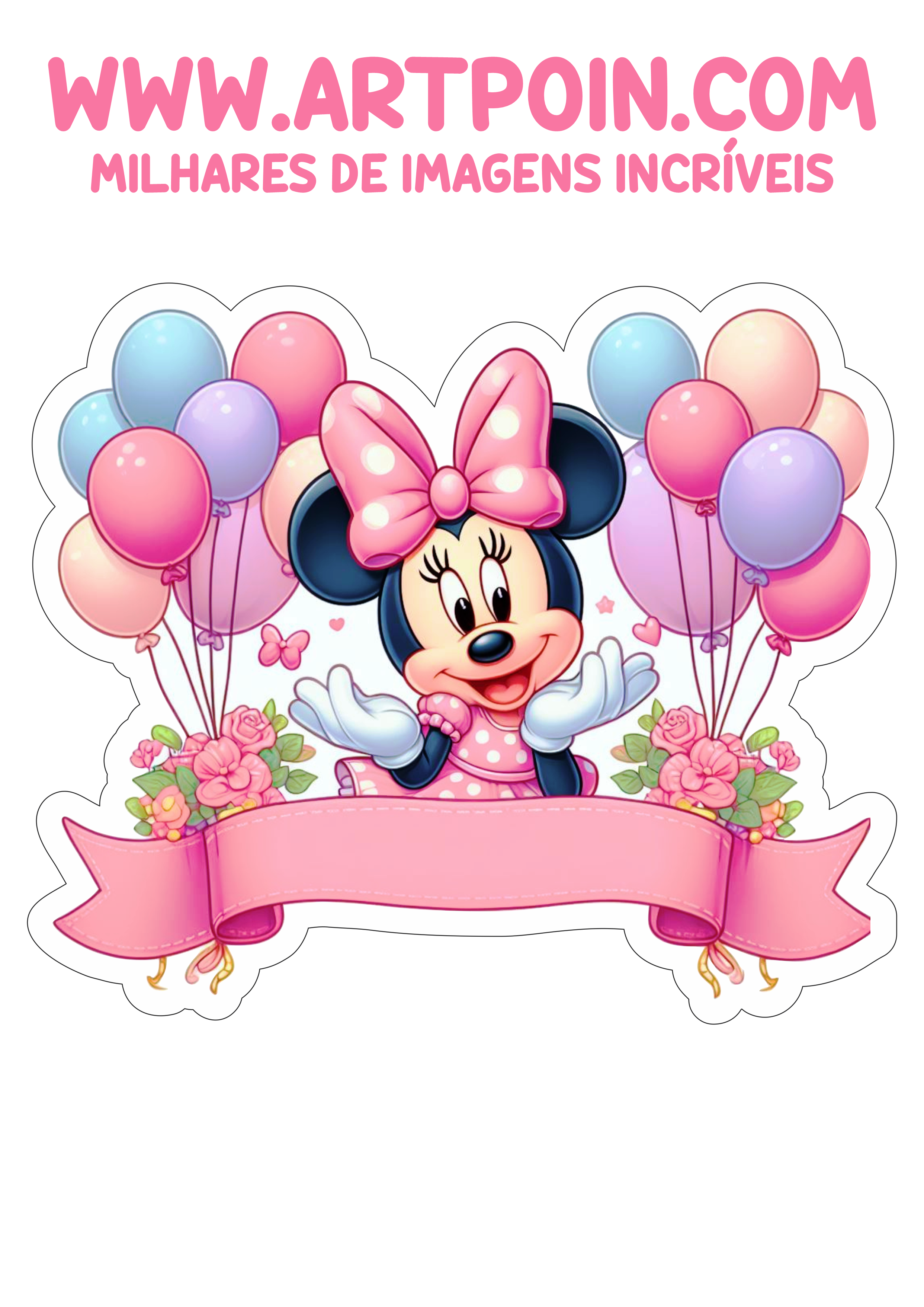 Topo de bolo Minnie rosa pronto para imprimir e decorar aniversário infantil festa personalizada faixa grátis balões e flores png