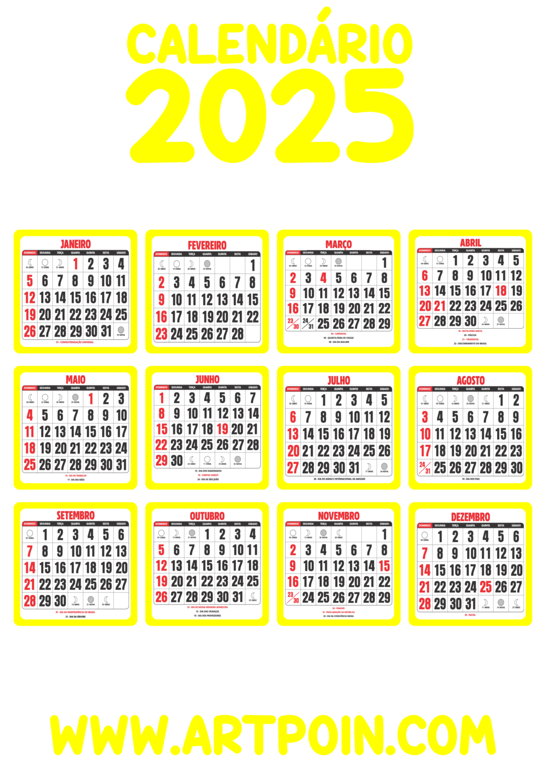 Calendário 2025 amarelo fundo transparente png