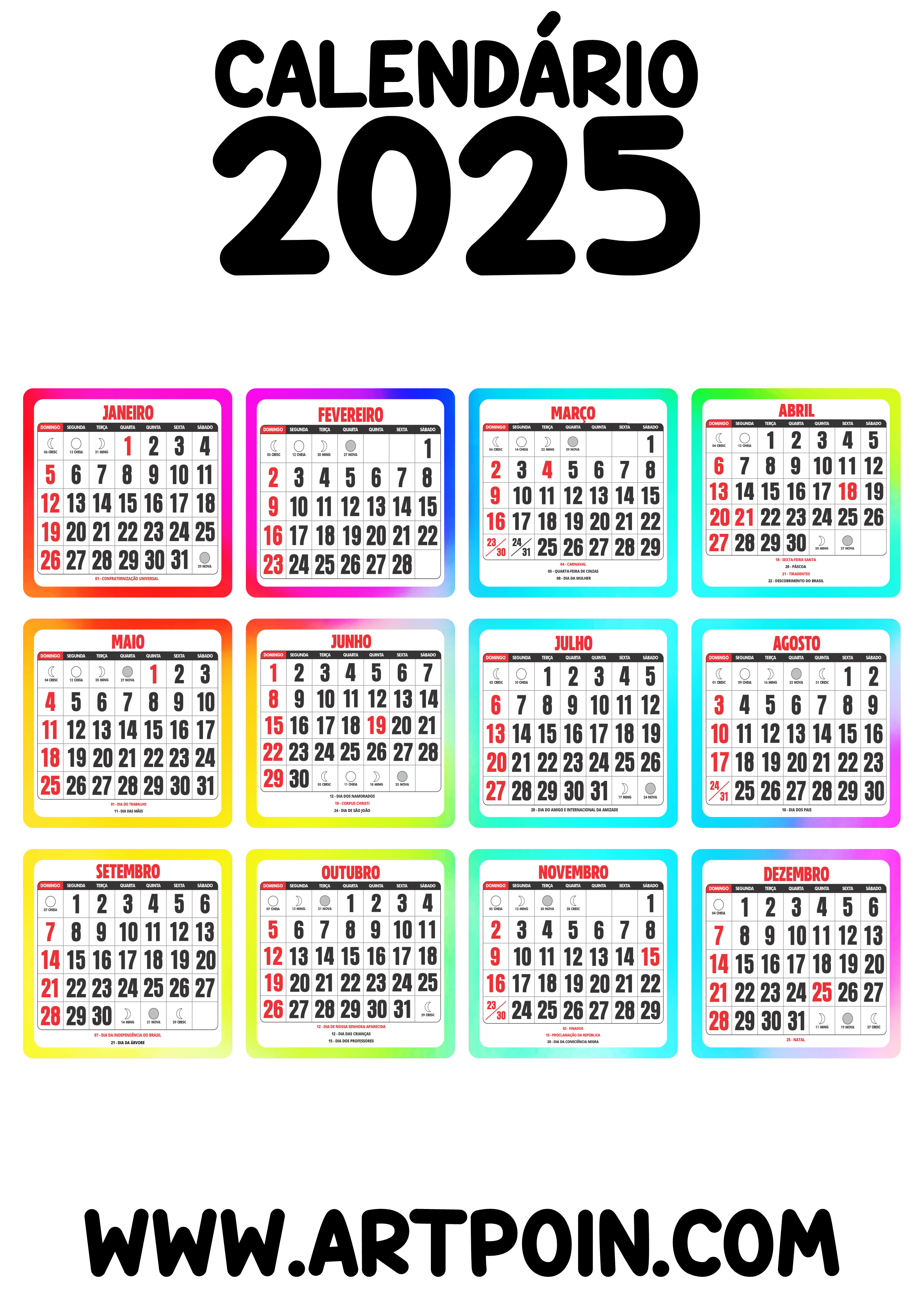 Calendário 2025 colorido png