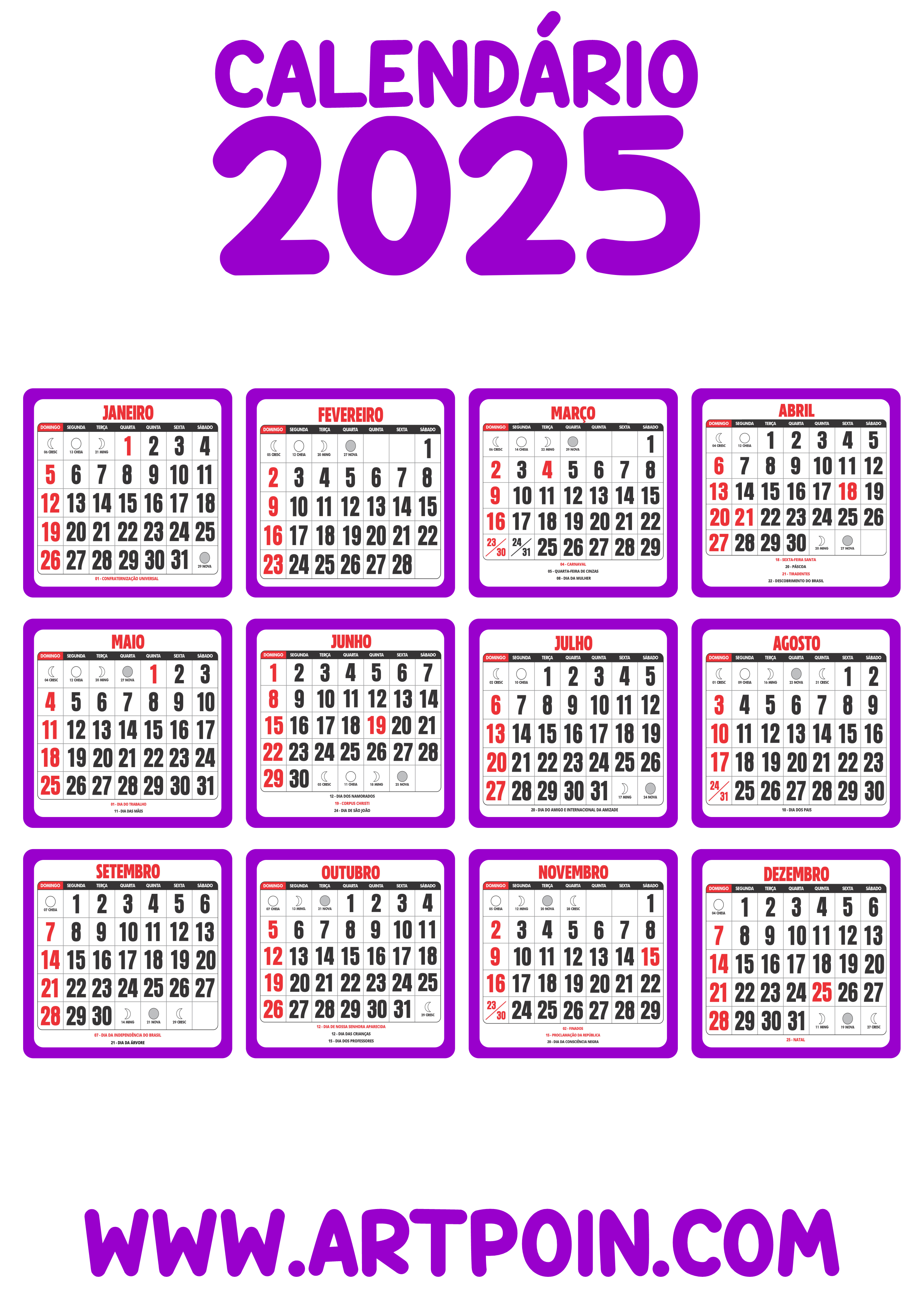 Calendário 2025 lilás png