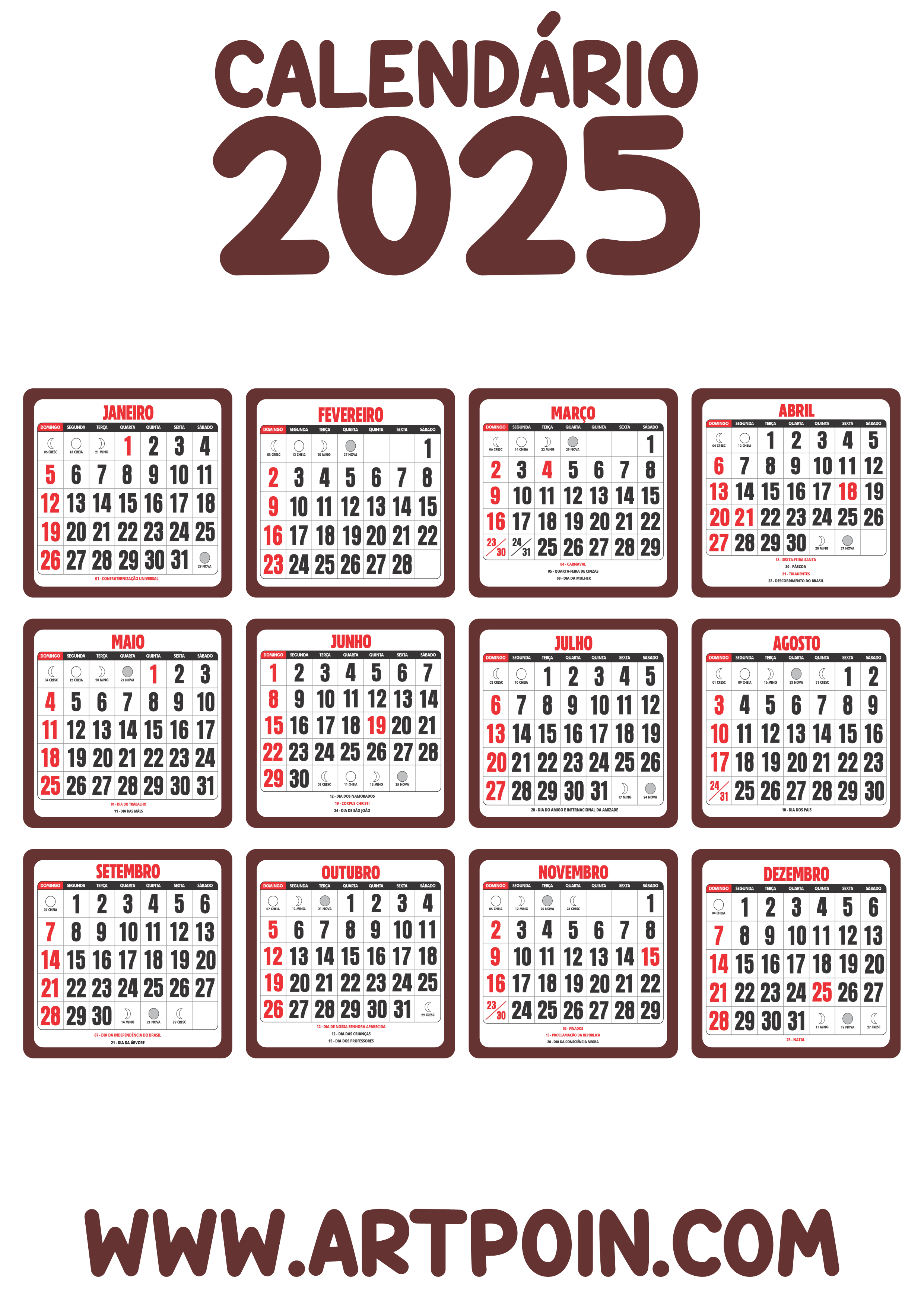 Calendário 2025 marrom png