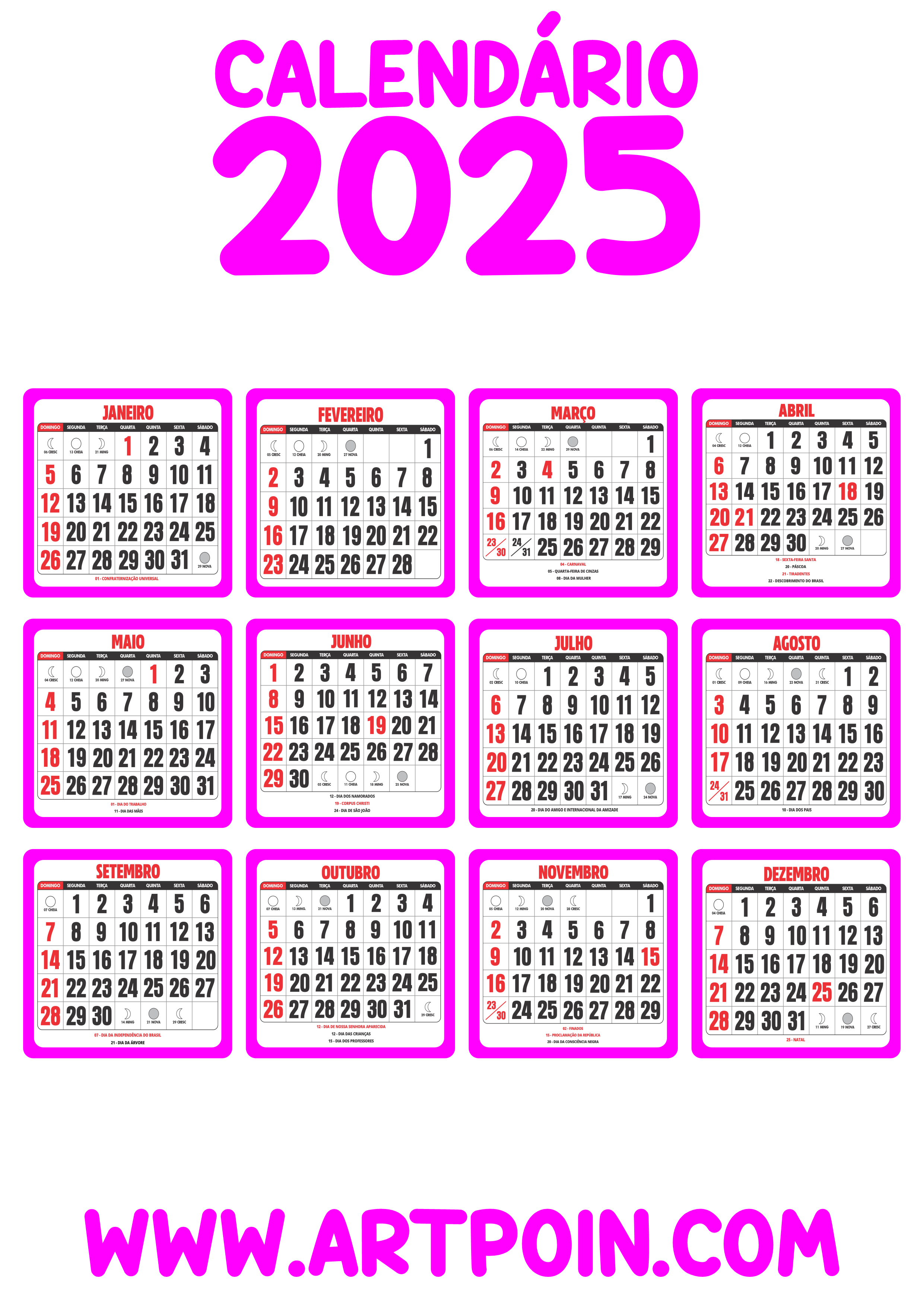 Calendário 2025 rosa pink png