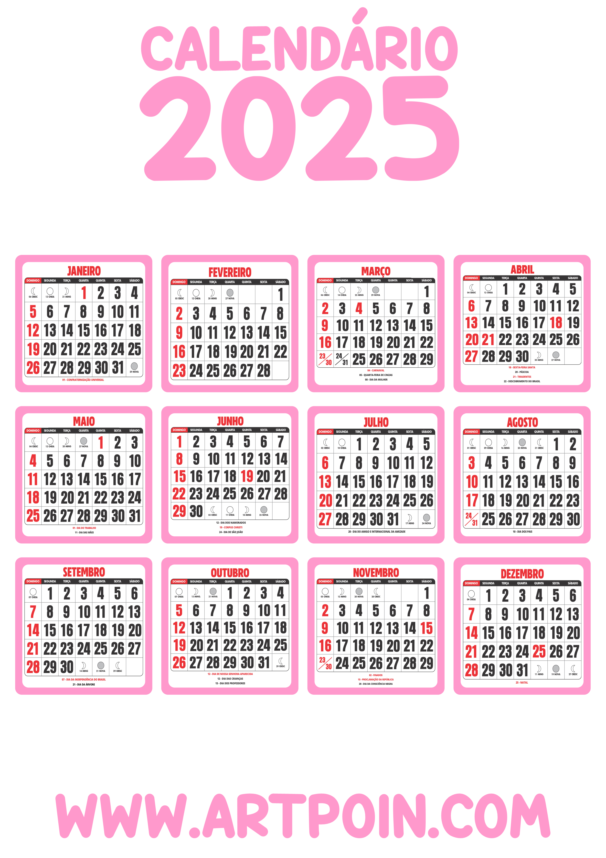 Calendário 2025 rosa png