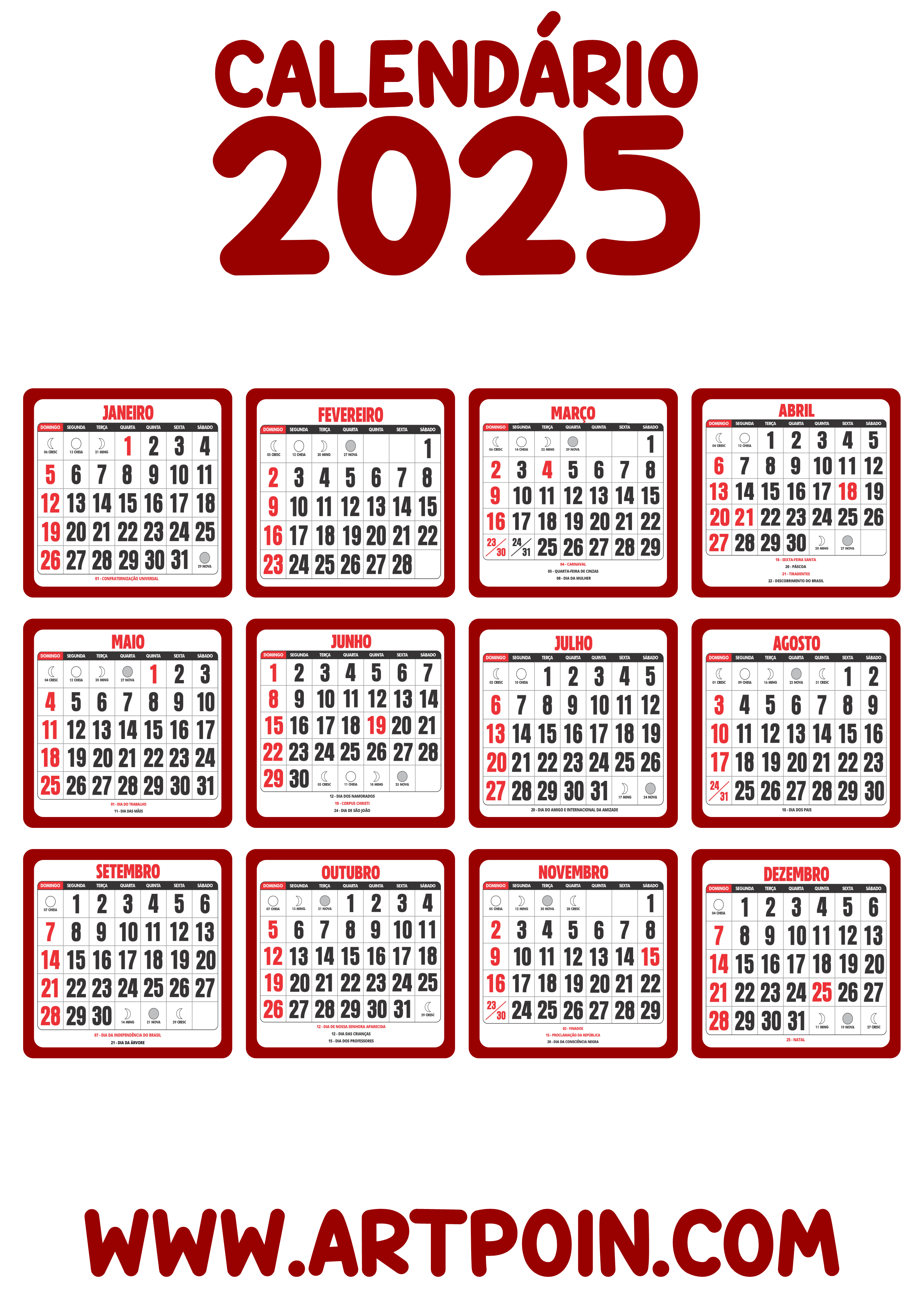 Calendário 2025 edições gráficas vermelho escuro png