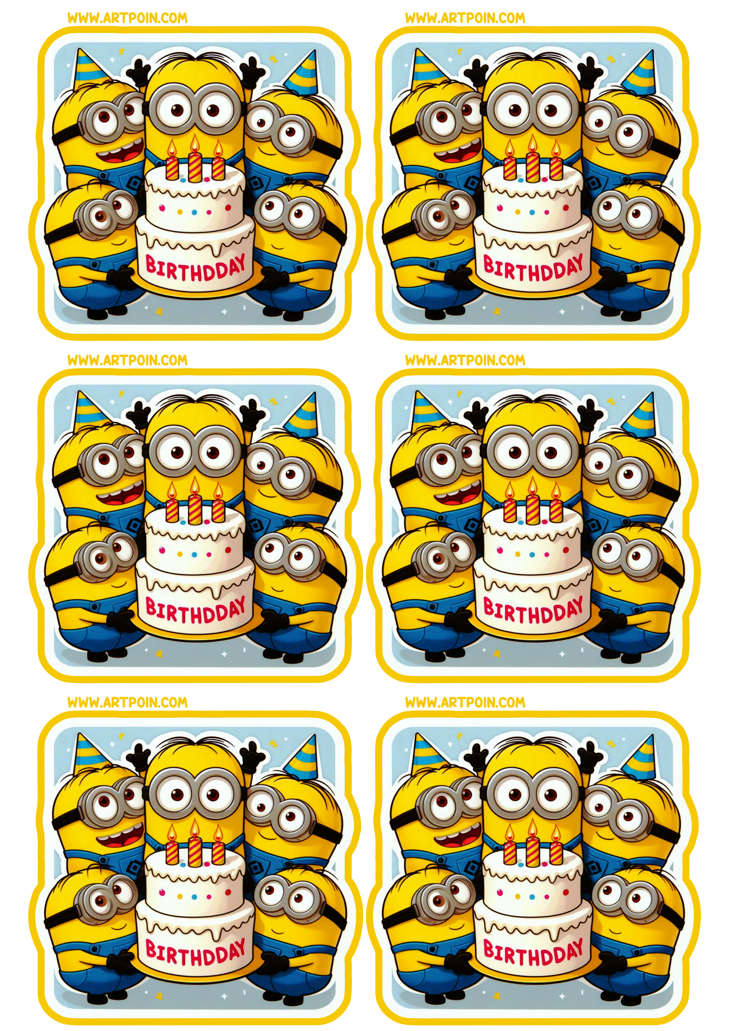 Minions adesivo quadrado para decoração de aniversário infantil pronta para imprimir papelaria criativa 6 imagens png