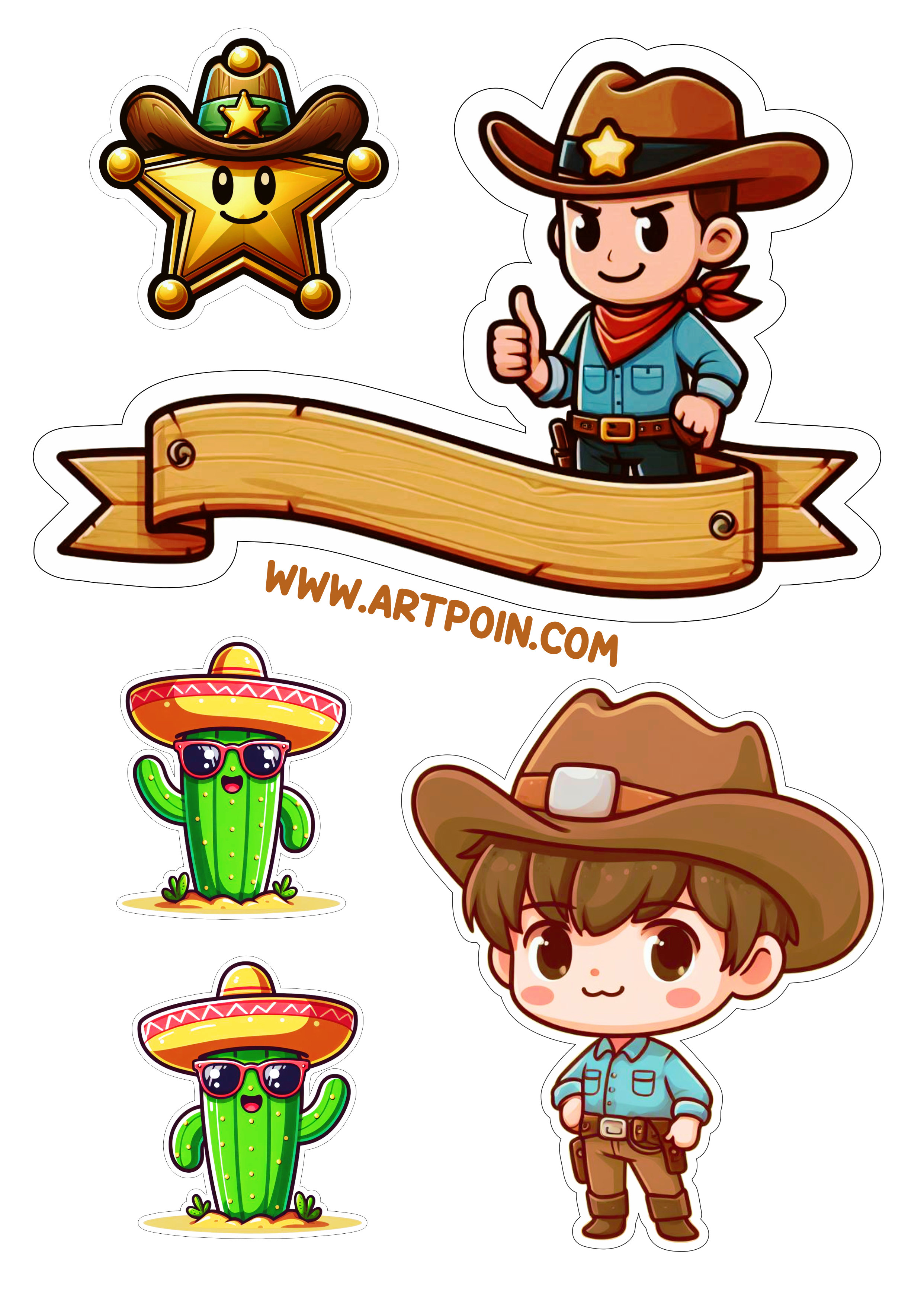 Topo de bolo png aniversário infantil Cowboy papelaria criativa para imprimir cactos