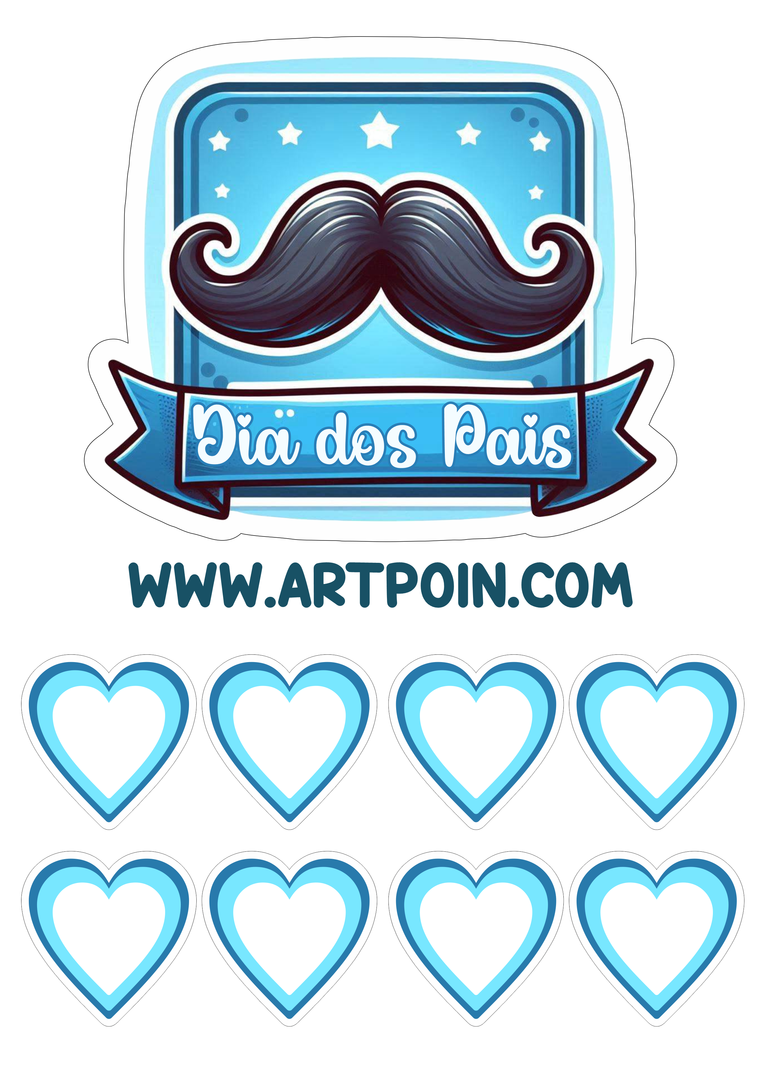 Topo de bolo dia dos pais decoração azul com bigode e corações festa personalizada papelaria criativa png