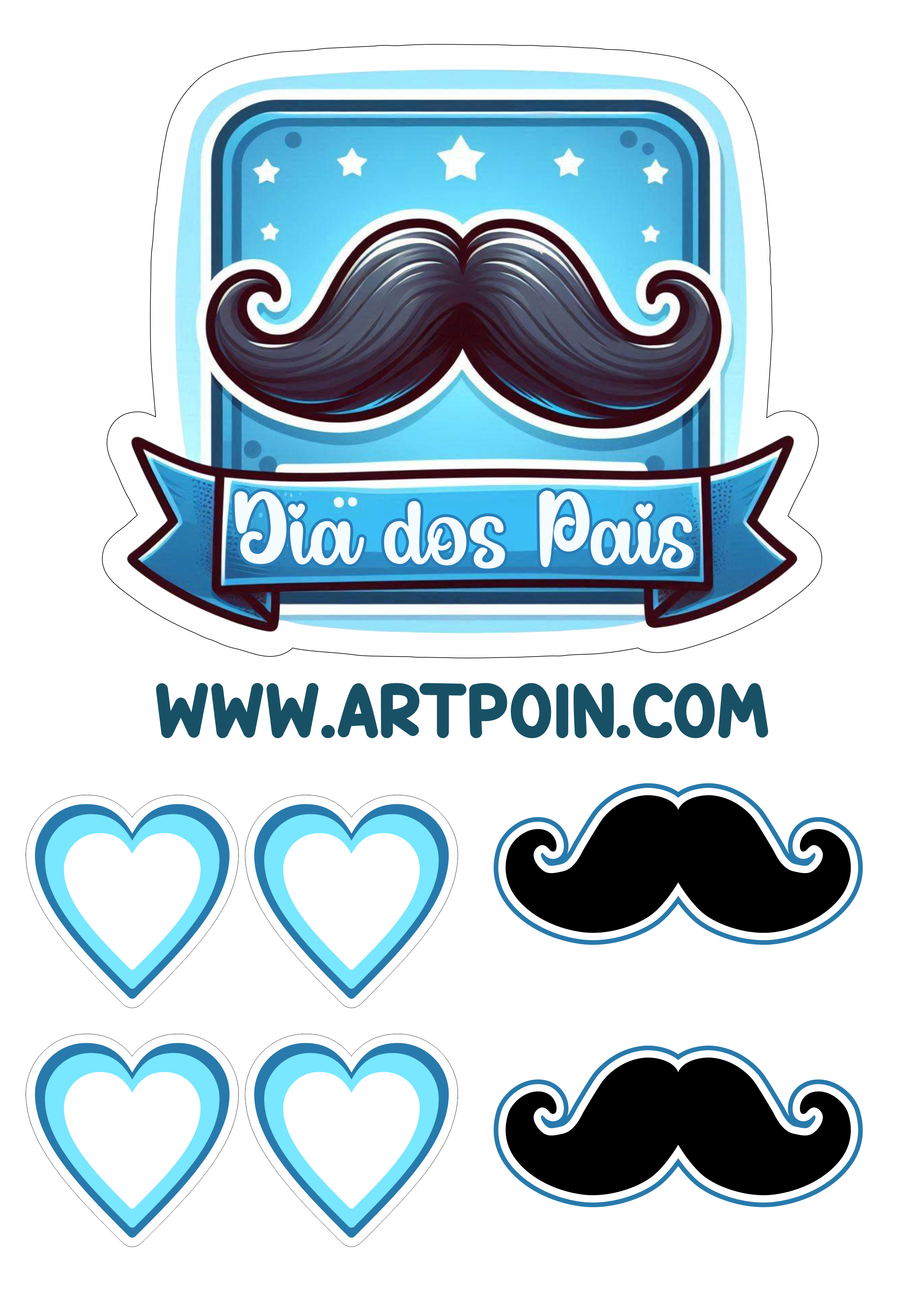 Topo de bolo dia dos pais decoração azul com bigode e corações festa personalizada papelaria criativa imagem com contorno png