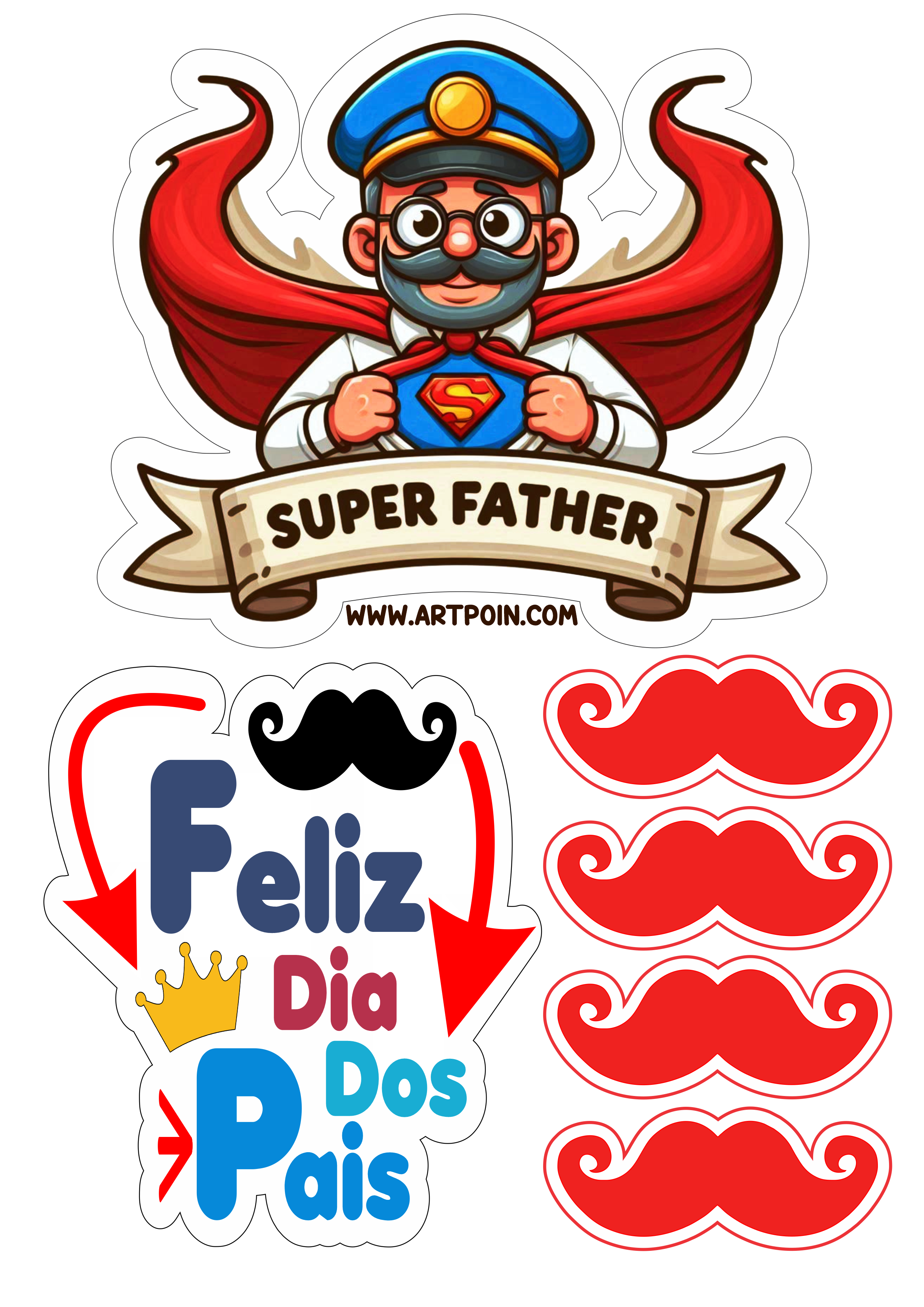 Topo de bolo Super Father feliz dia dos pais com bigodes png