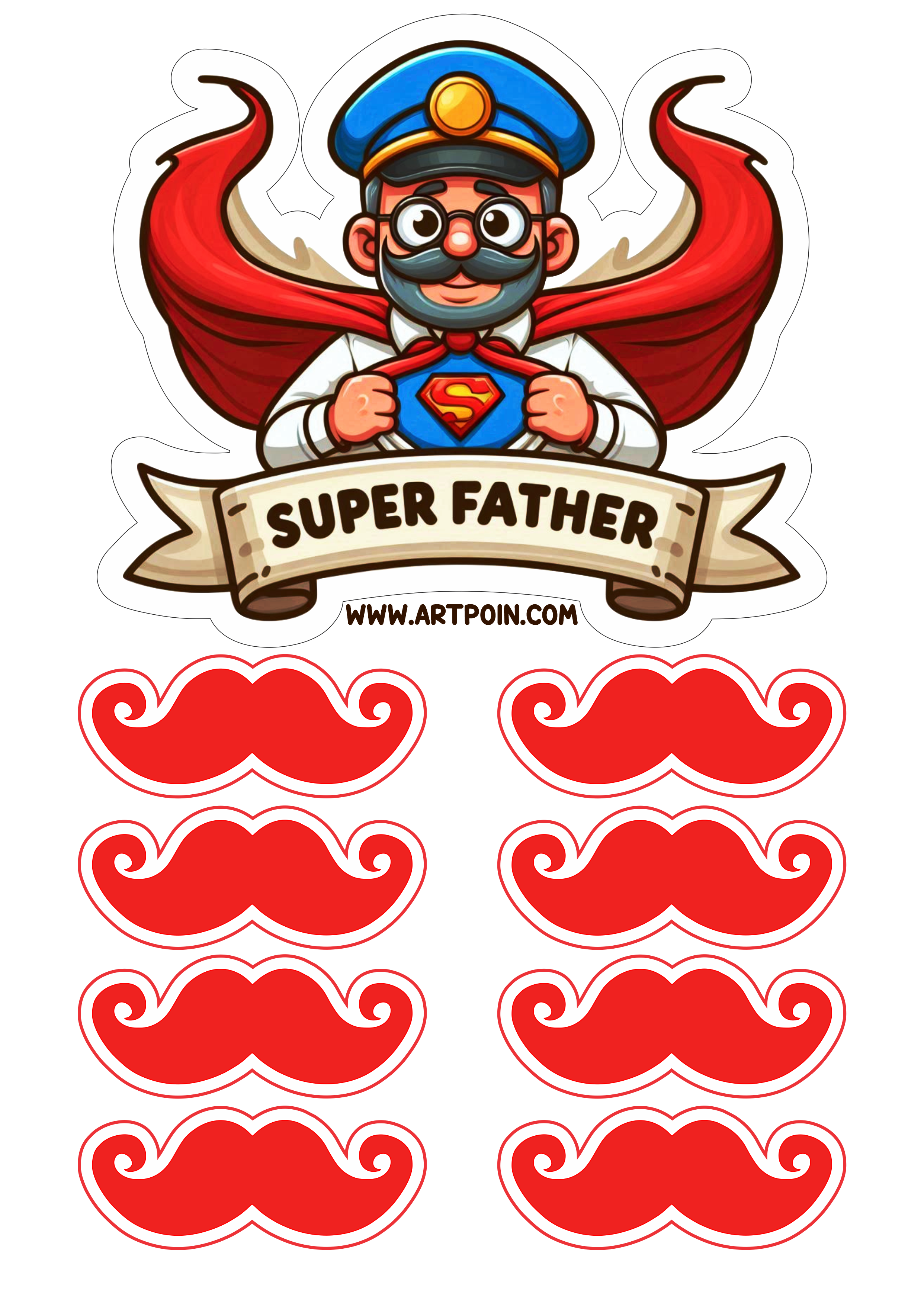 Topo de bolo Super Father feliz dia dos pais com bigodes artigos para festa png