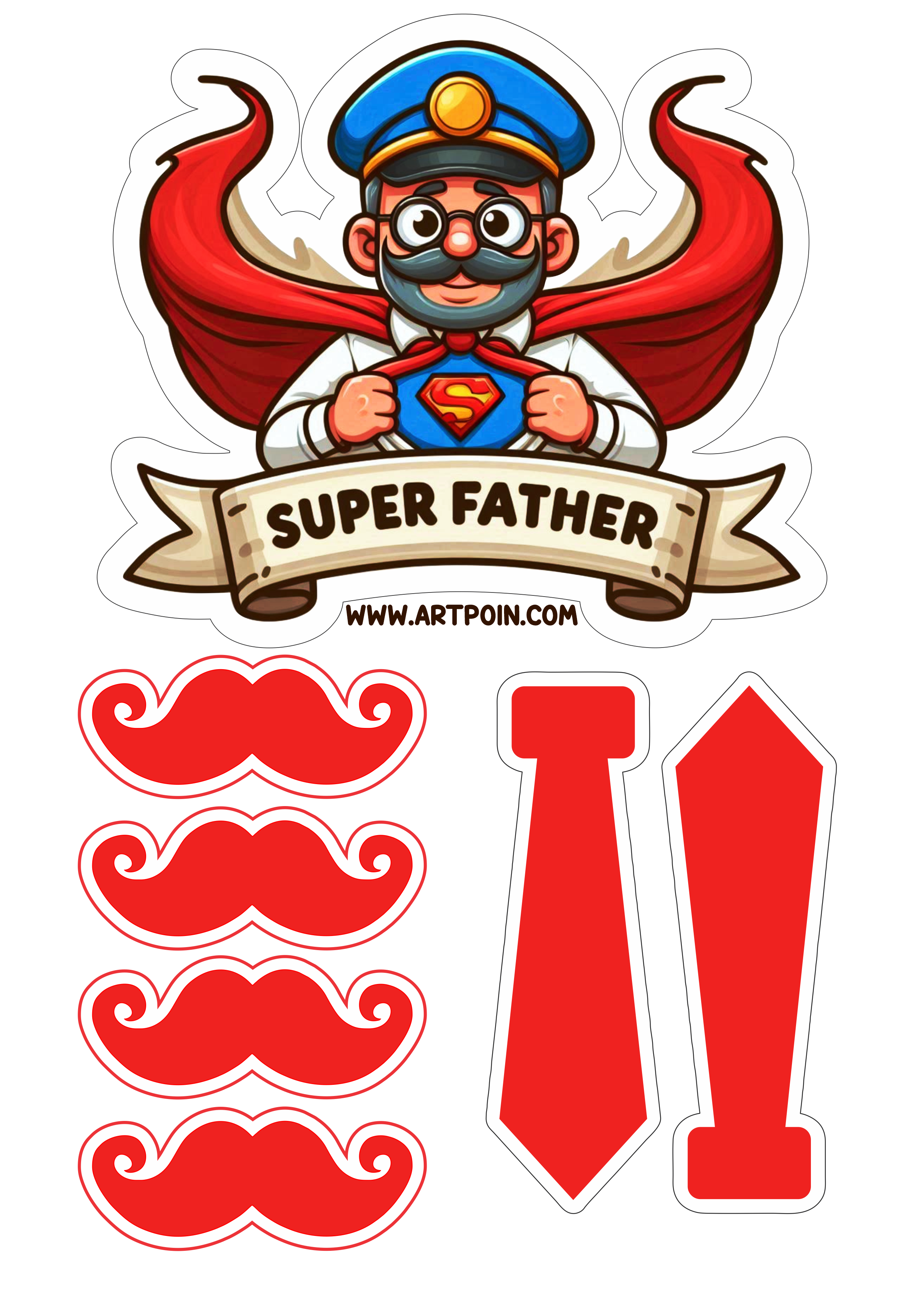 Topo de bolo Super Father feliz dia dos pais com bigodes artigos para festa topper png